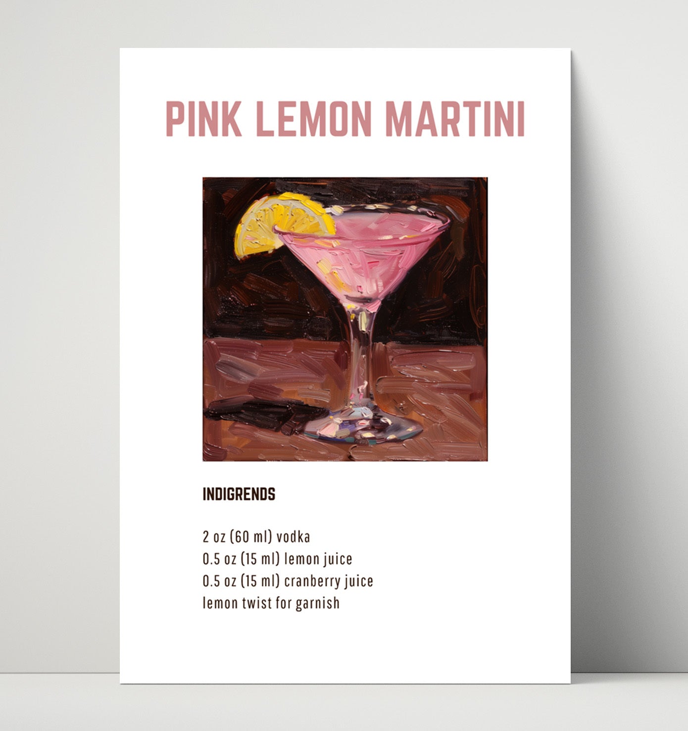 Pink Lemon Martini 16x20 Unframed Print cocktail recipe wall art print – Cocktail Recipies decor