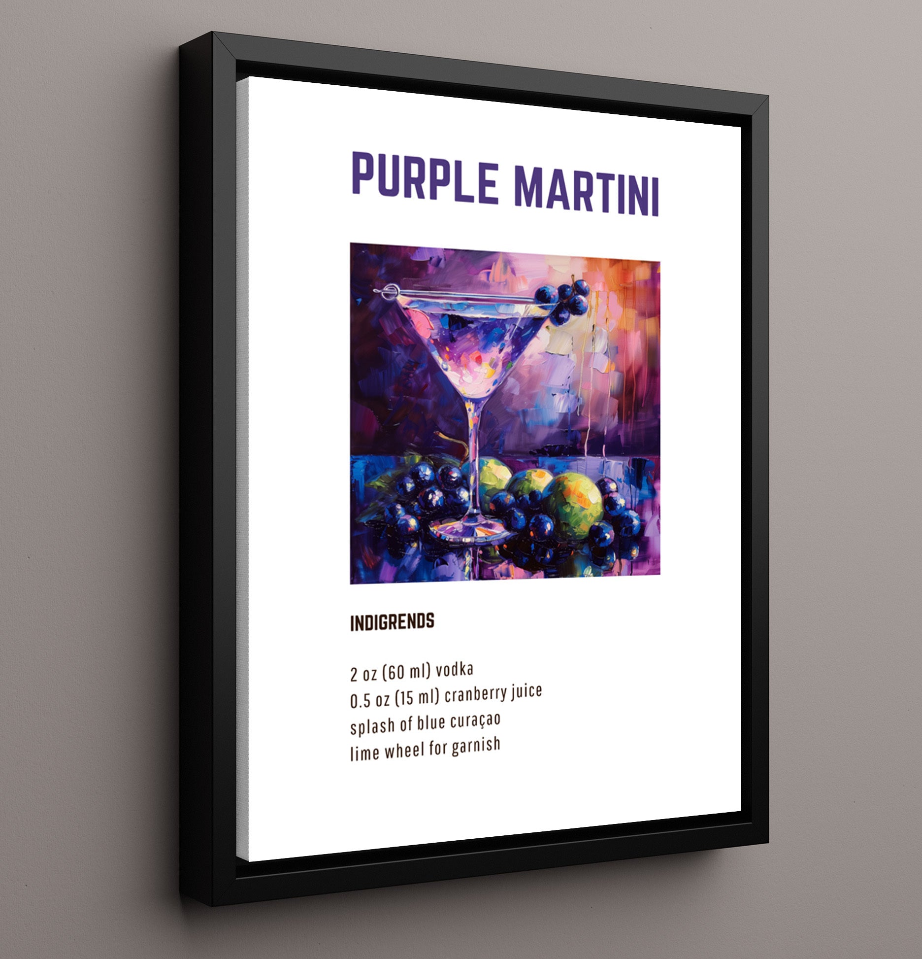 Purple Martini 16x20 Framed Canvas cocktail recipe wall art print – Cocktail Recipies decor
