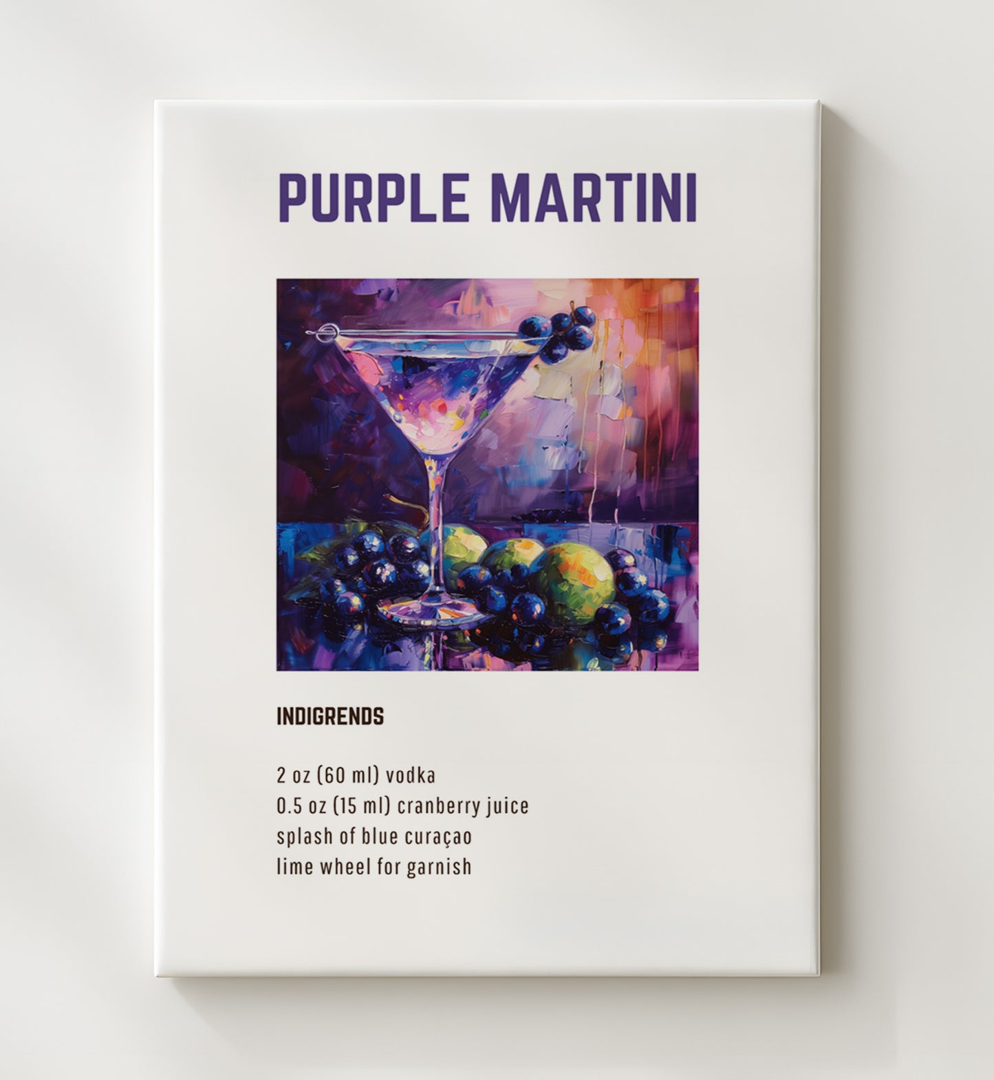 Purple Martini 20x24 Canvas cocktail recipe wall art print – Cocktail Recipies decor