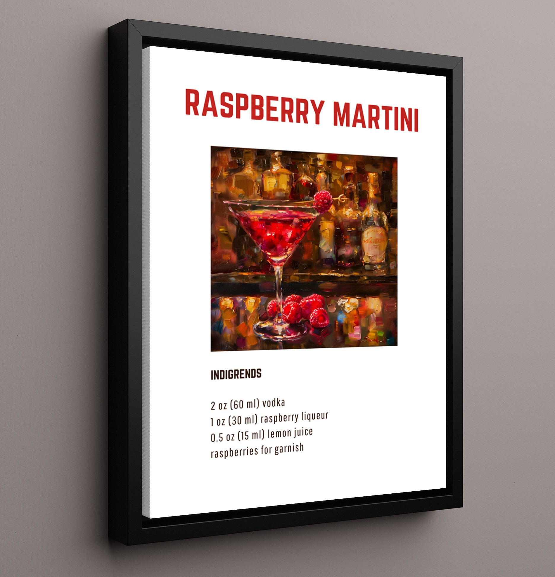 Raspberry Martini 16x20 Framed Canvas cocktail recipe wall art print – Cocktail Recipies decor