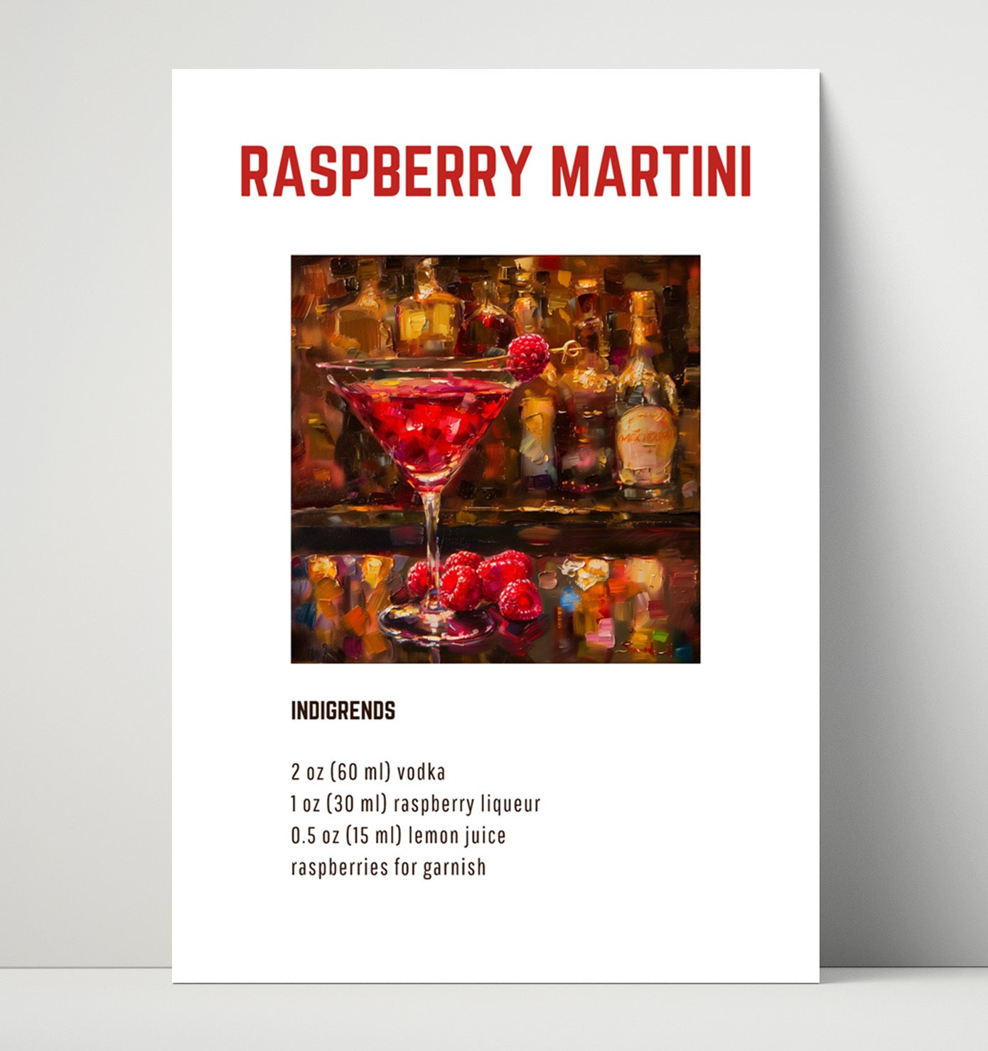 Raspberry Martini 16x20 Unframed Print cocktail recipe wall art print – Cocktail Recipies decor