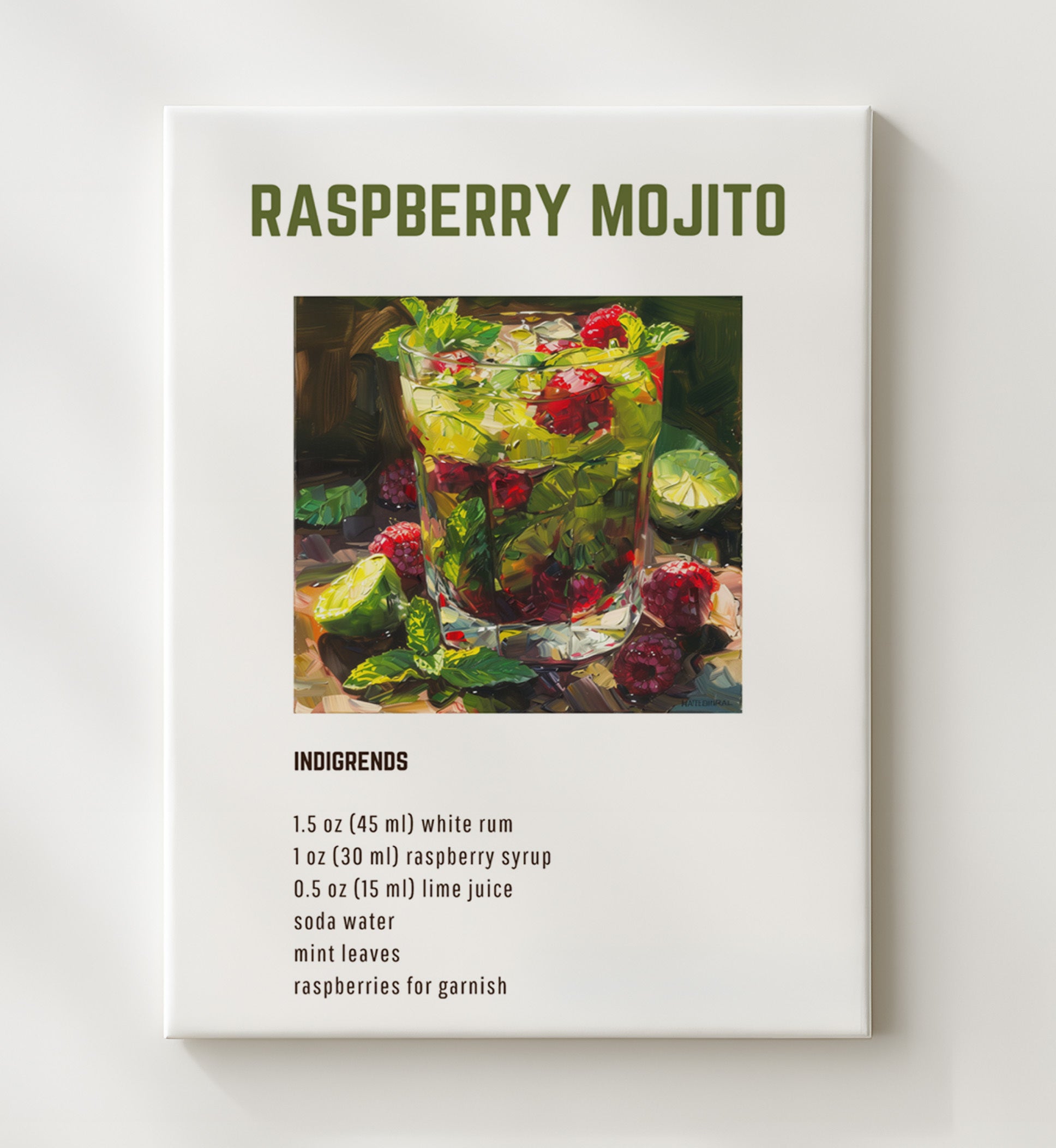 Raspberry Mojito 20x24 Canvas cocktail recipe wall art print – Cocktail Recipies decor