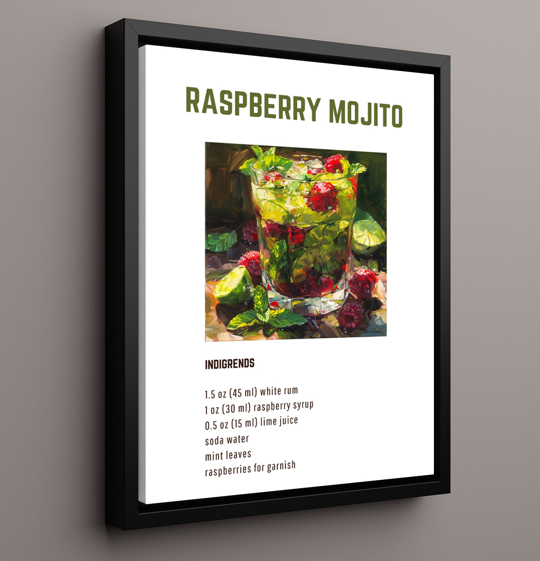 Raspberry Mojito 16x20 Framed Canvas cocktail recipe wall art print – Cocktail Recipies decor