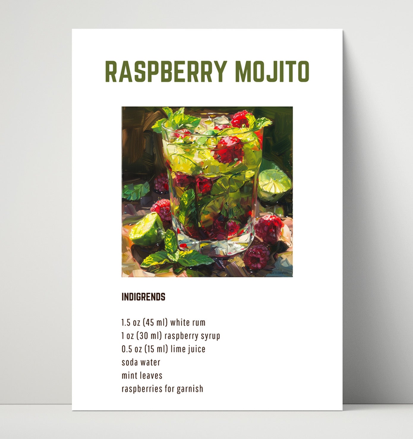 Raspberry Mojito 16x20 Unframed Print cocktail recipe wall art print – Cocktail Recipies decor