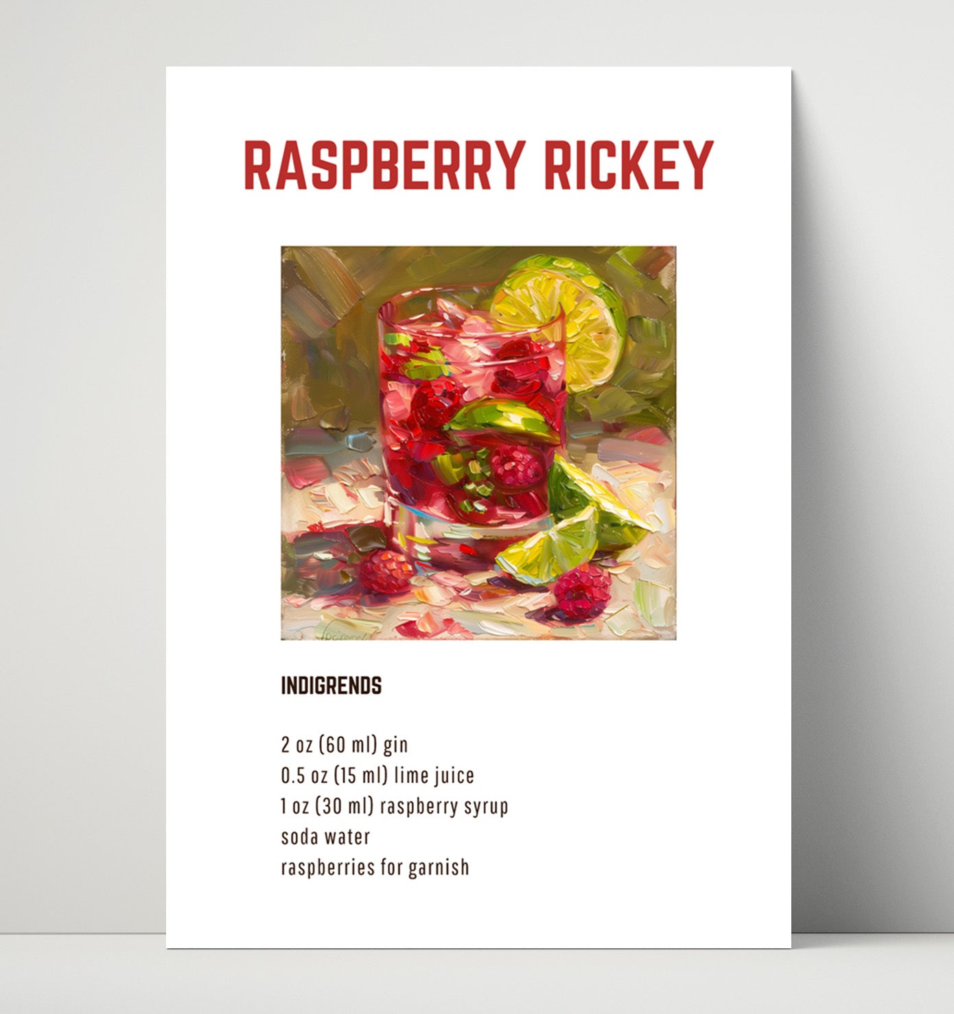 Raspberry Rickey 16x20 Unframed Print cocktail recipe wall art print – Cocktail Recipies decor