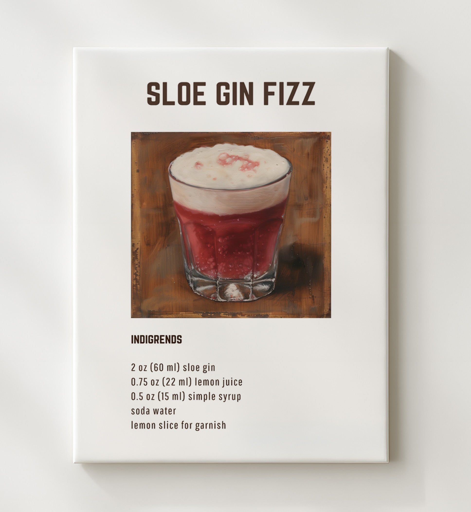 Sloe Gin Fizz 20x24 Canvas cocktail recipe wall art print – Cocktail Recipies decor