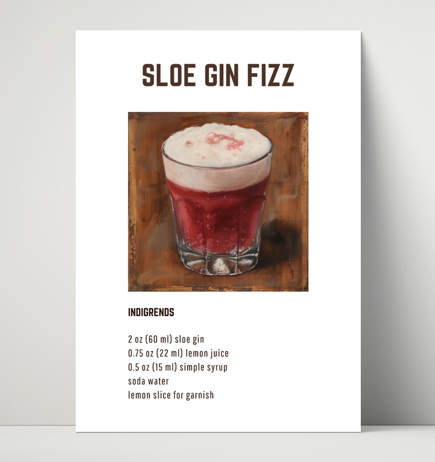 Sloe Gin Fizz 16x20 Unframed Print cocktail recipe wall art print – Cocktail Recipies decor