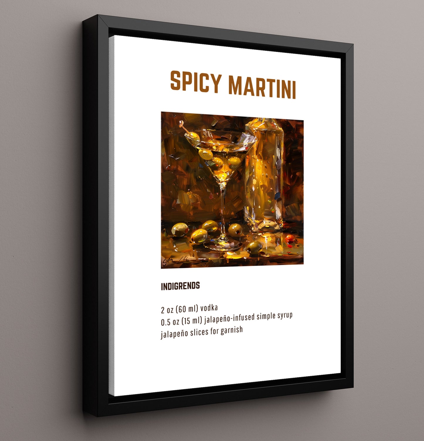 Spicy Martini 16x20 Framed Canvas cocktail recipe wall art print – Cocktail Recipies decor