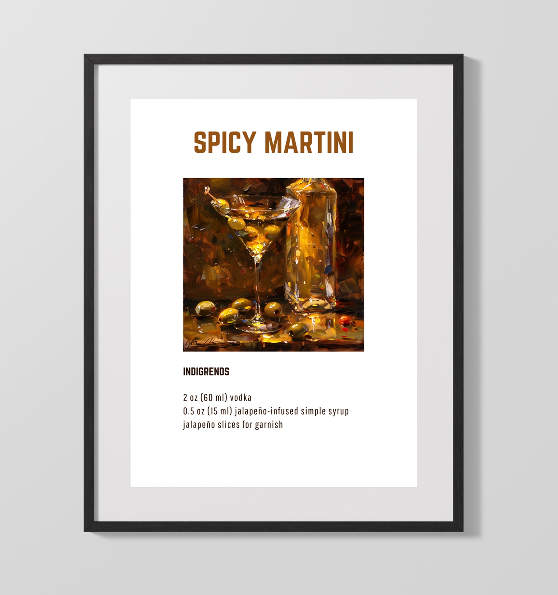 Spicy Martini 16x20 Gallery Frame cocktail recipe wall art print – Cocktail Recipies decor