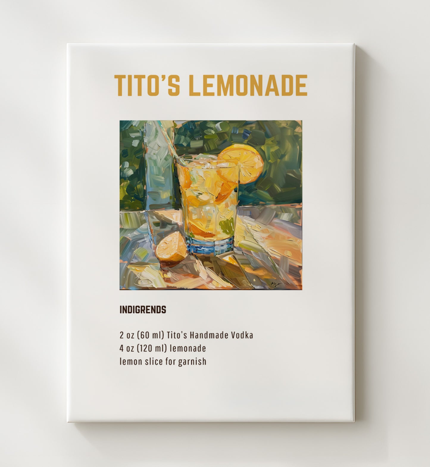 Titos Lemonade 20x24 Canvas cocktail recipe wall art print – Cocktail Recipies decor
