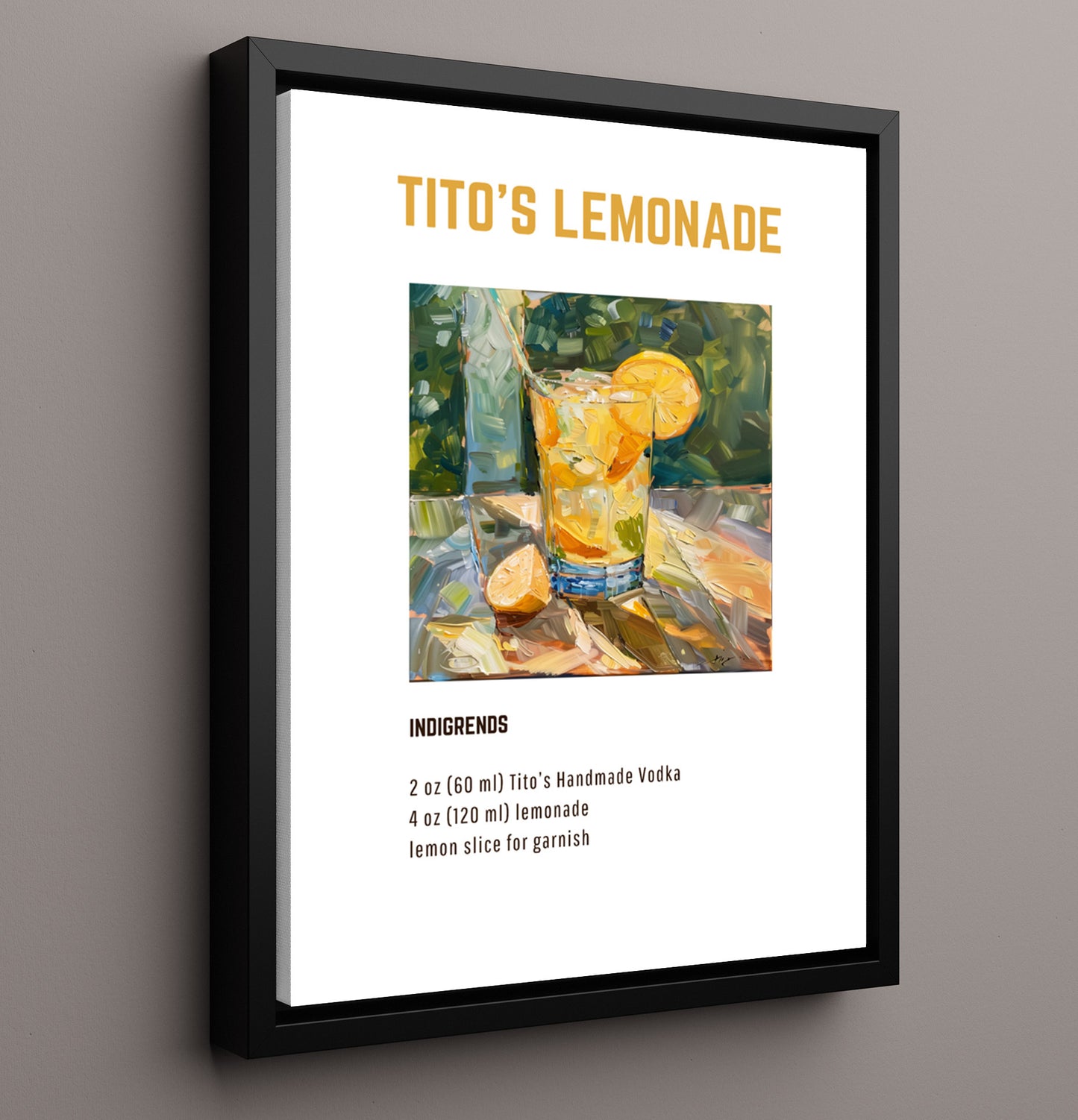 Titos Lemonade 16x20 Framed Canvas cocktail recipe wall art print – Cocktail Recipies decor
