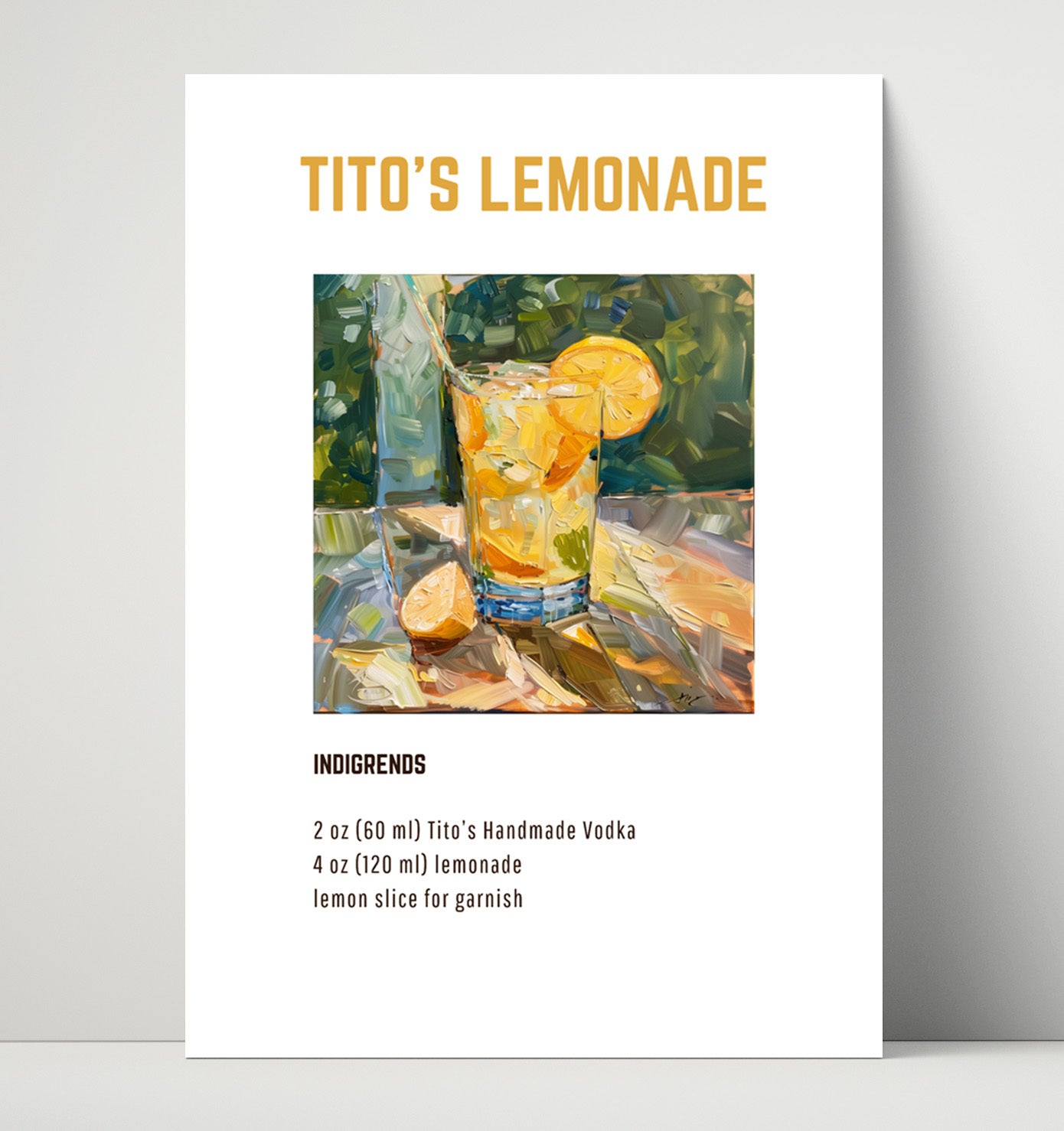 Titos Lemonade 16x20 Unframed Print cocktail recipe wall art print – Cocktail Recipies decor
