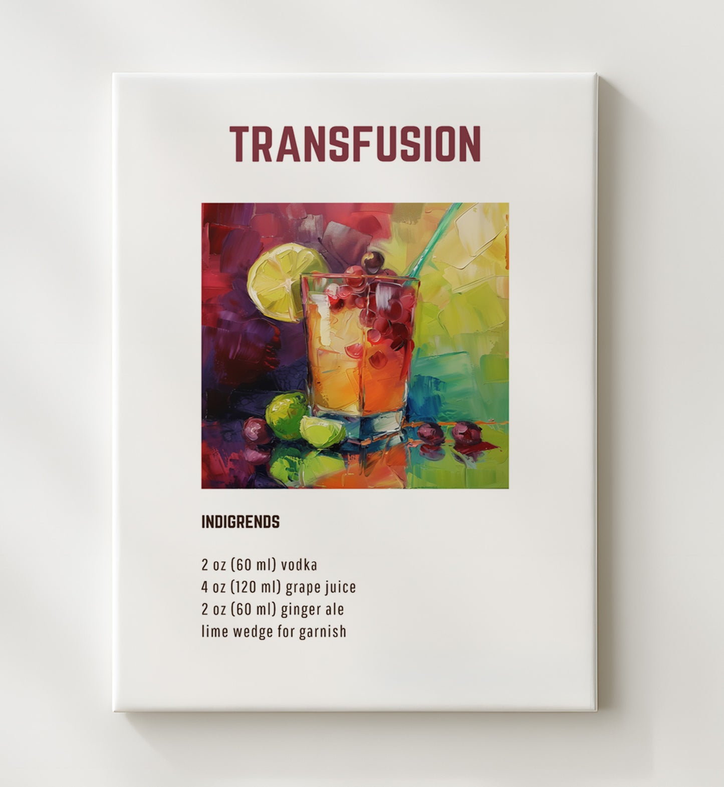 Transfusion 20x24 Canvas cocktail recipe wall art print – Cocktail Recipies decor
