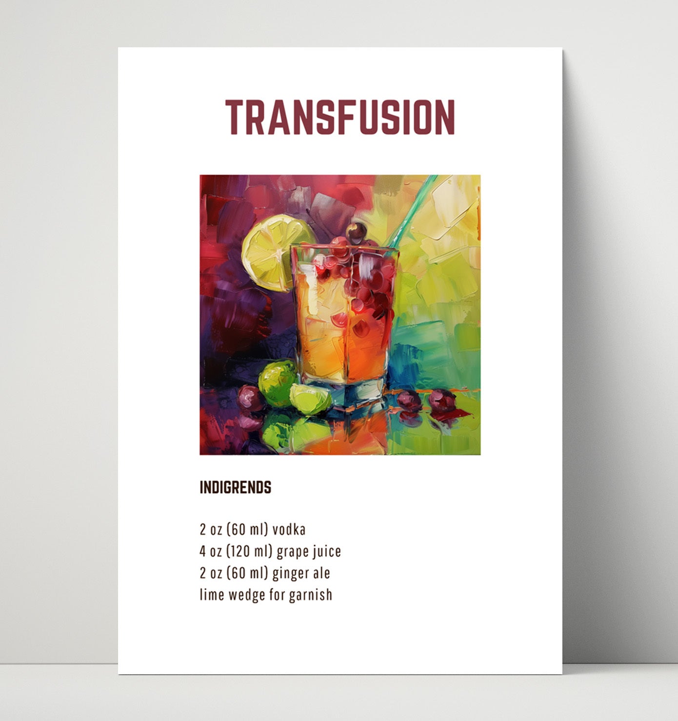 Transfusion 16x20 Unframed Print cocktail recipe wall art print – Cocktail Recipies decor
