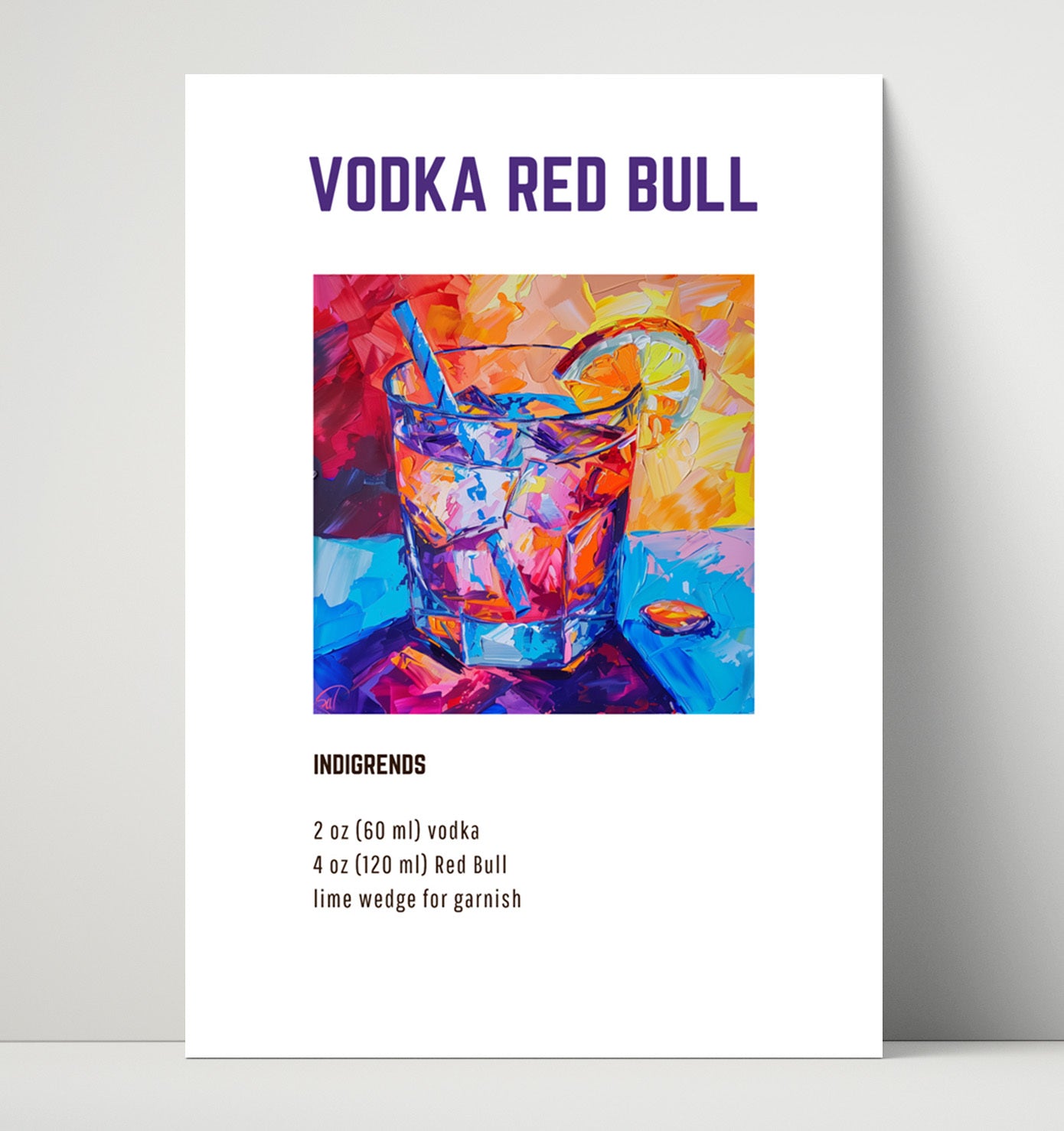 Vodka Red Bull 16x20 Unframed Print cocktail recipe wall art print – Cocktail Recipies decor