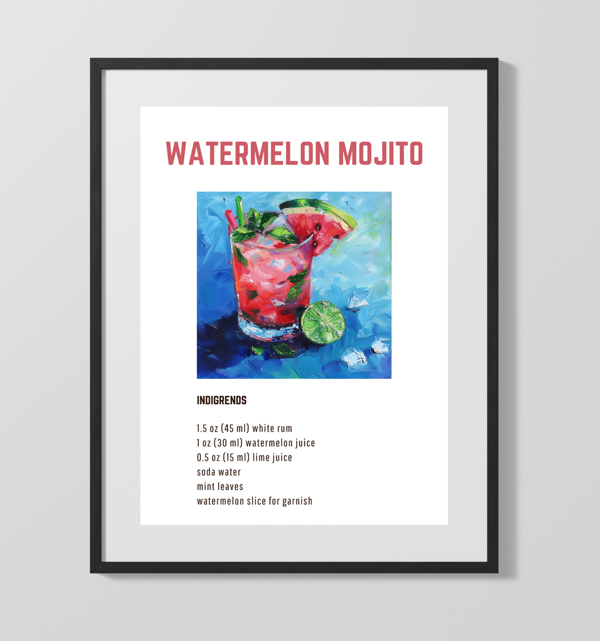 Watermelon Mojito 16x20 Gallery Frame cocktail recipe wall art print – Cocktail Recipies decor
