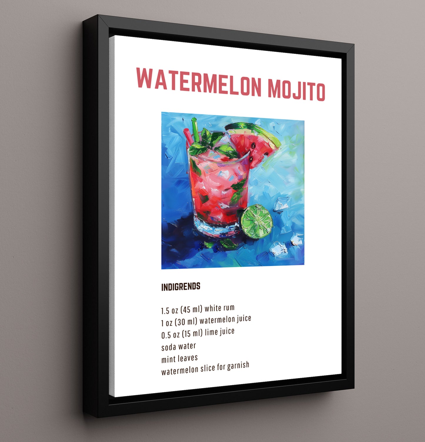Watermelon Mojito 16x20 Framed Canvas cocktail recipe wall art print – Cocktail Recipies decor