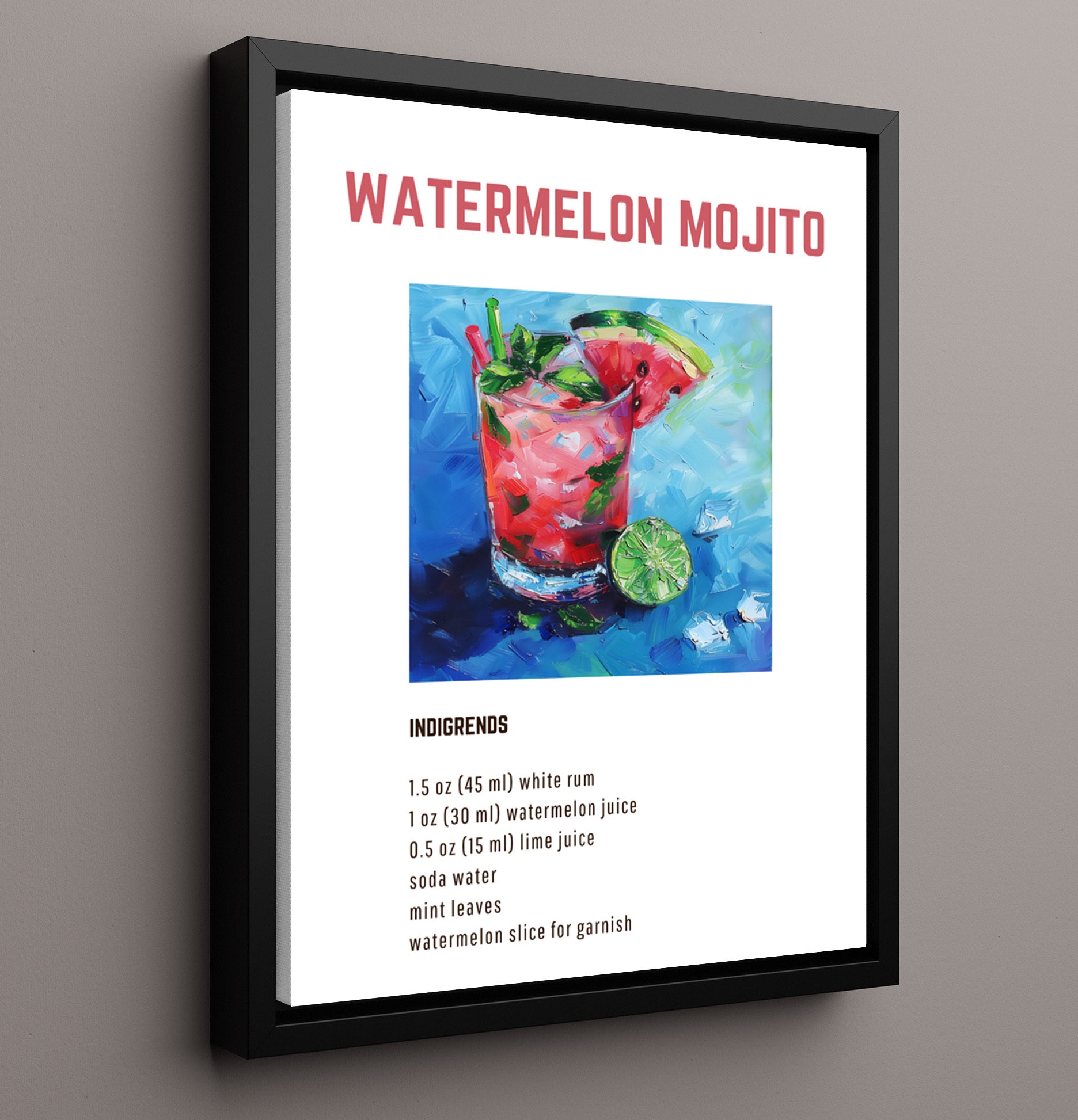 Watermelon Mojito 16x20 Framed Canvas cocktail recipe wall art print – Cocktail Recipies decor