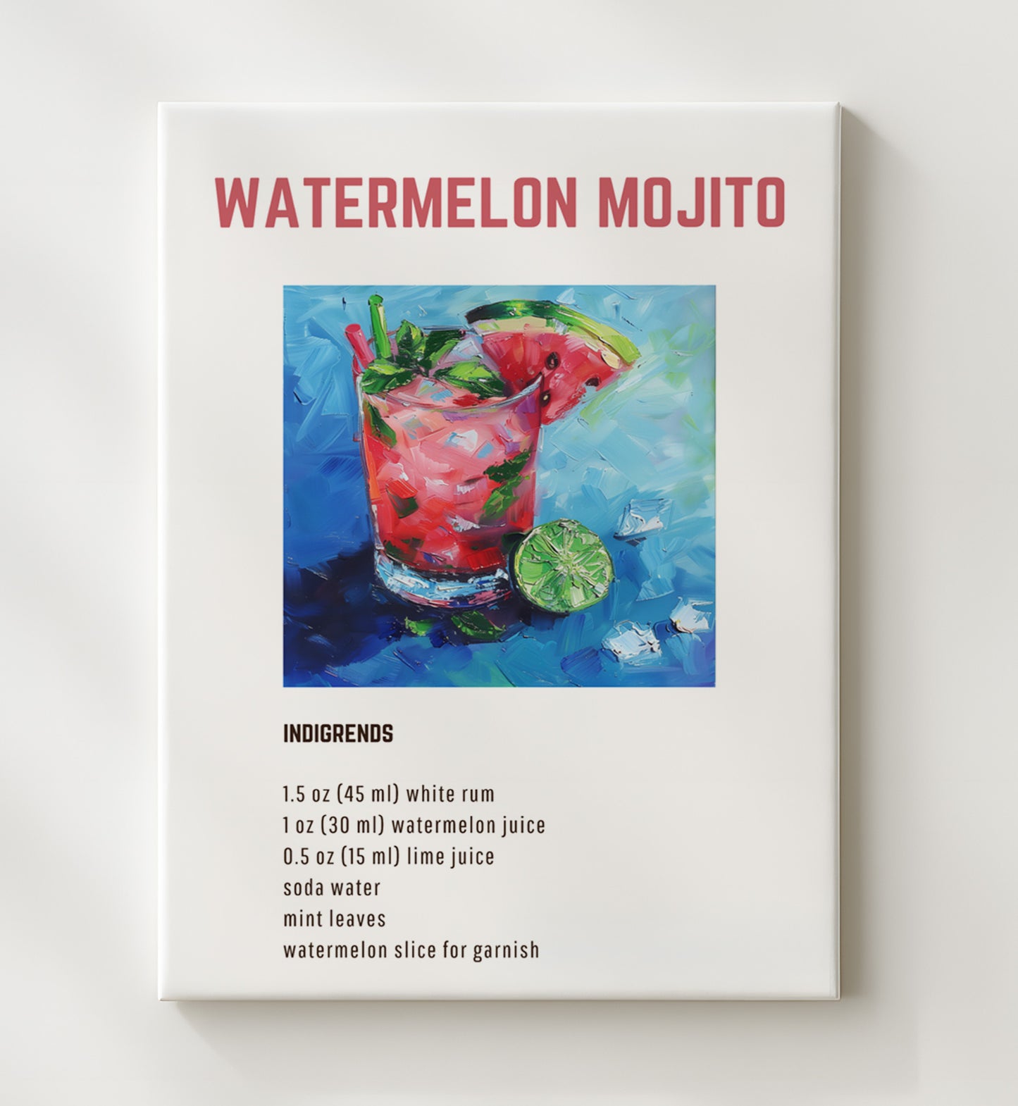 Watermelon Mojito 20x24 Canvas cocktail recipe wall art print – Cocktail Recipies decor