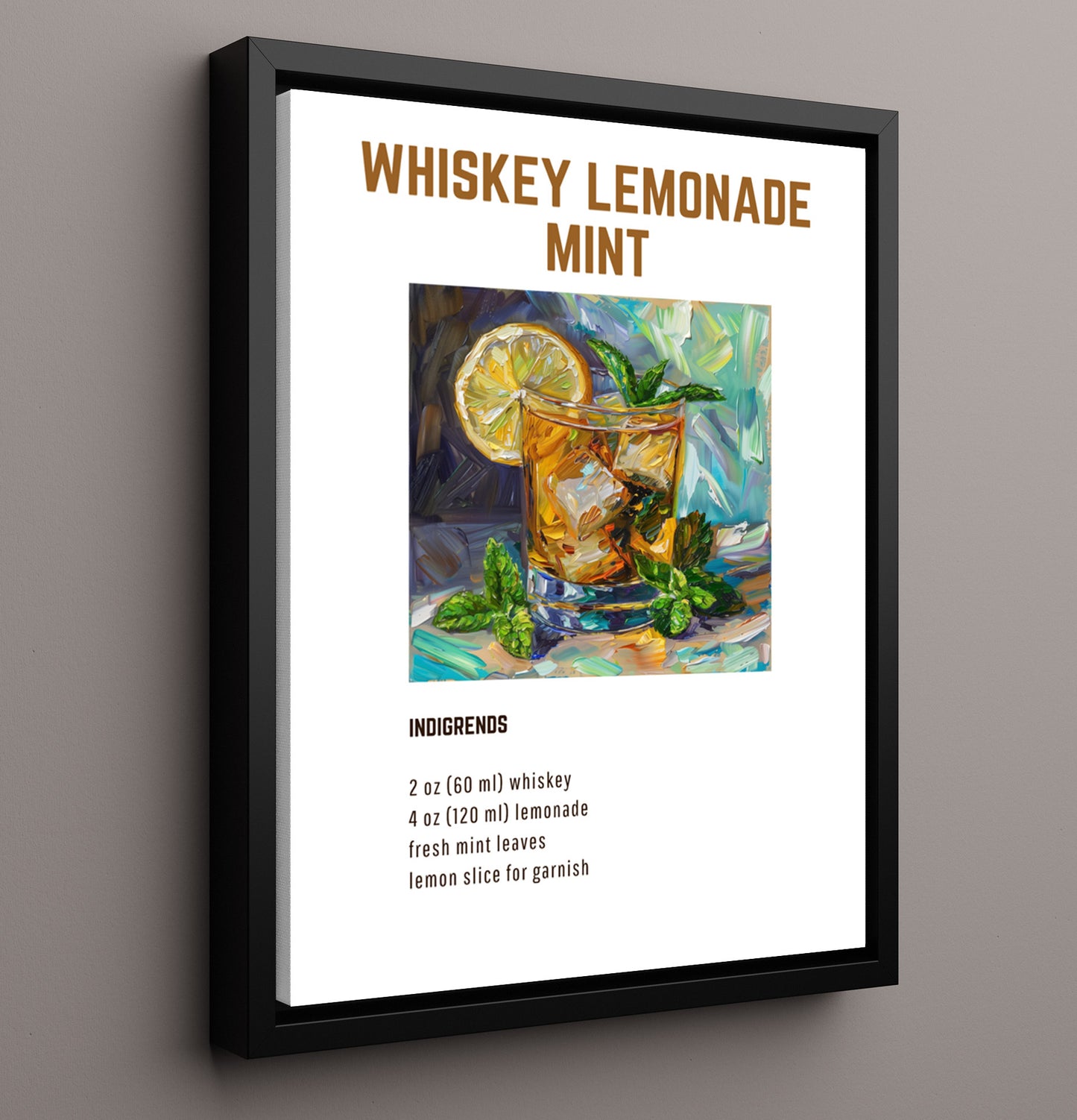 Whiskey Lemonade Mint 16x20 Framed Canvas cocktail recipe wall art print – Cocktail Recipies decor