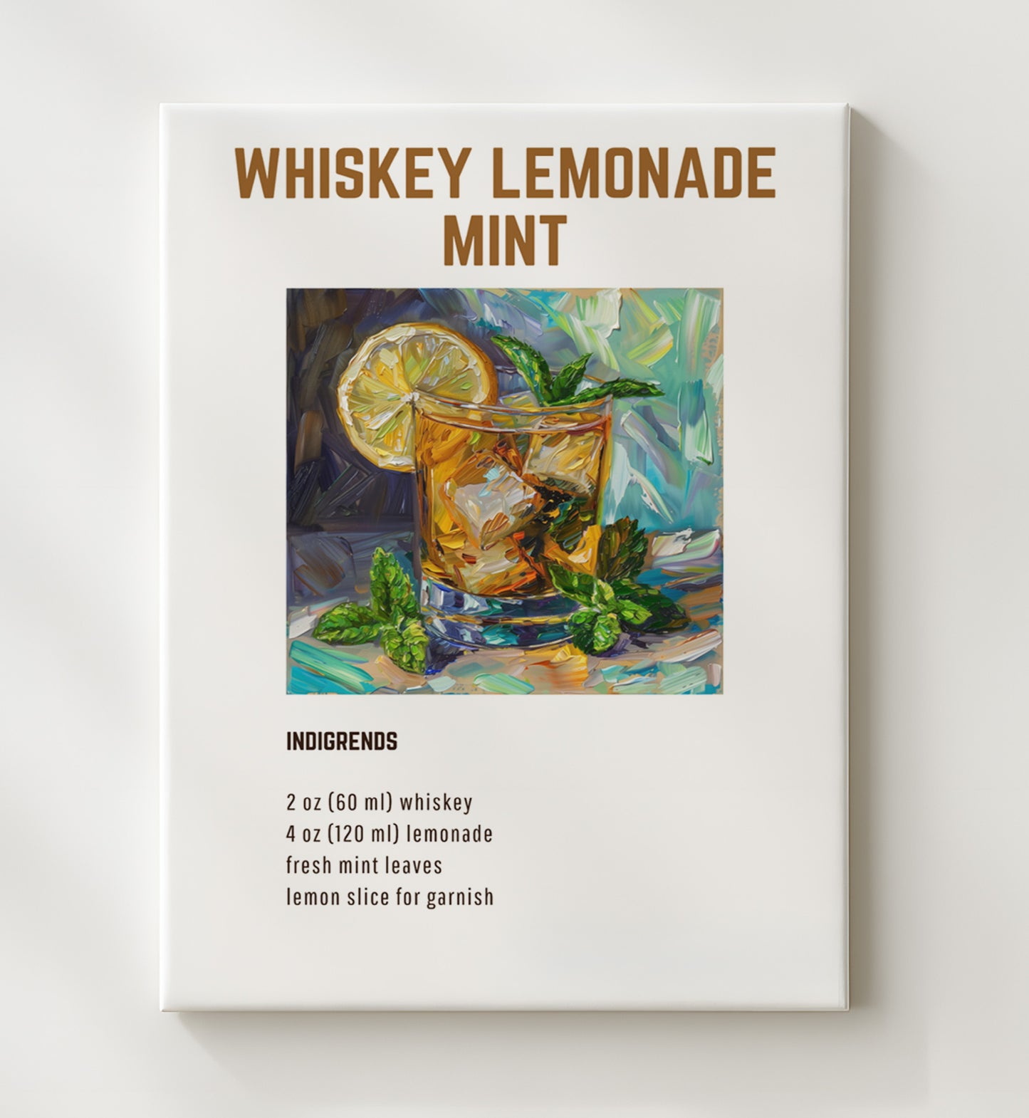 Whiskey Lemonade Mint 20x24 Canvas cocktail recipe wall art print – Cocktail Recipies decor