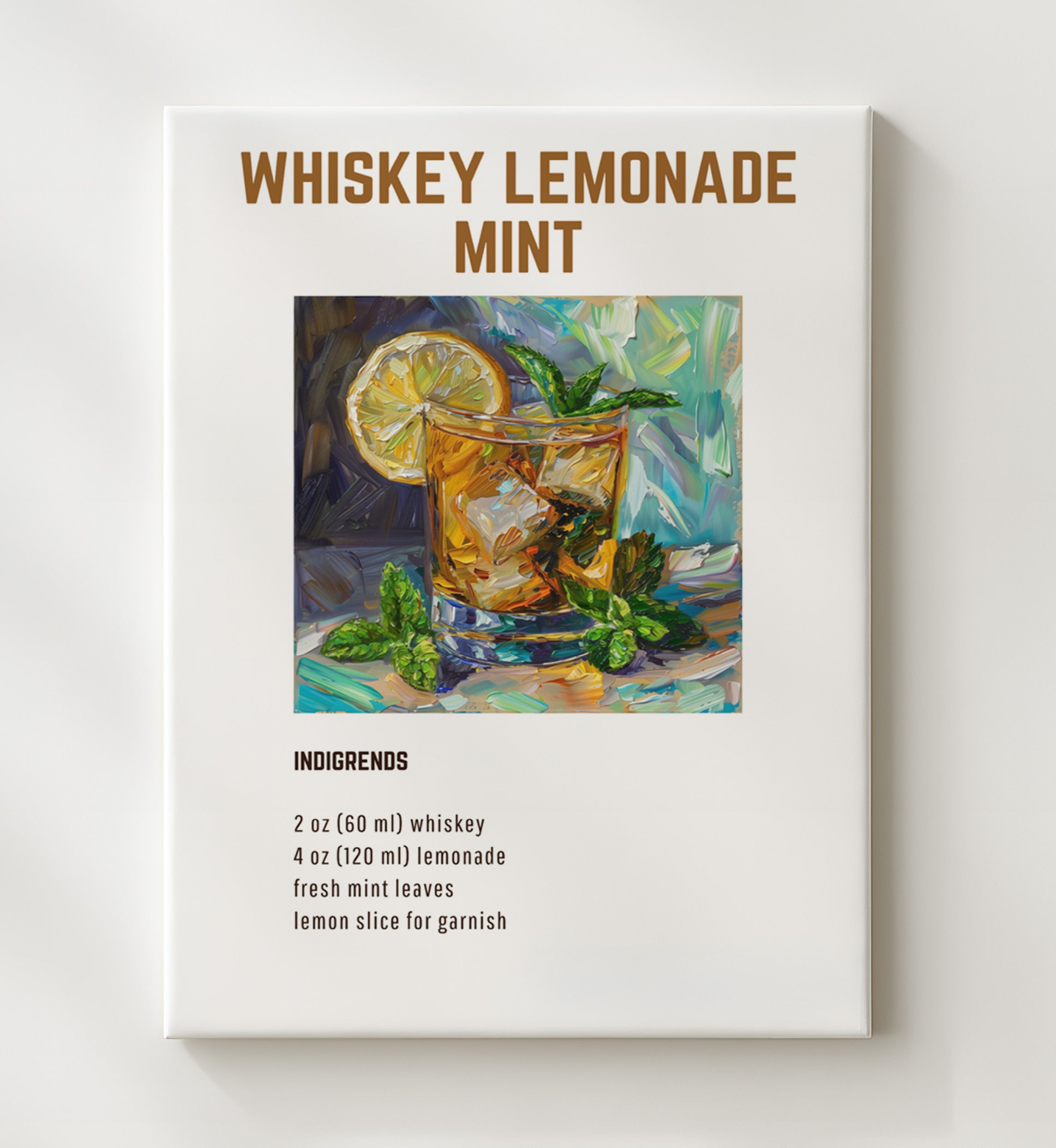 Whiskey Lemonade Mint 20x24 Canvas cocktail recipe wall art print – Cocktail Recipies decor