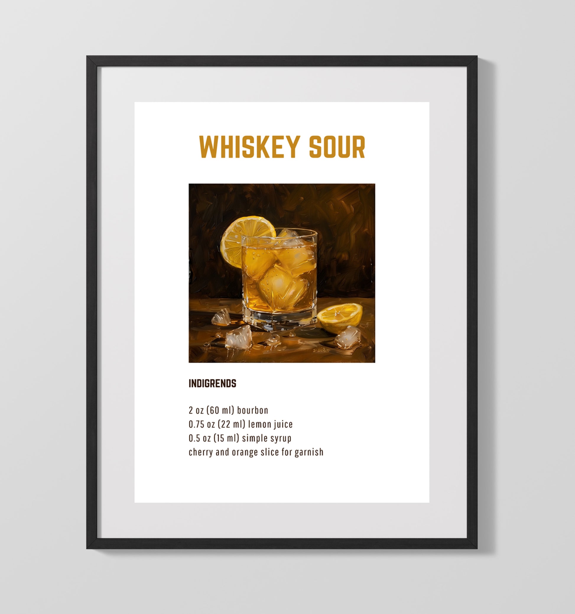 Whiskey Sour 16x20 Gallery Frame cocktail recipe wall art print – Cocktail Recipies decor