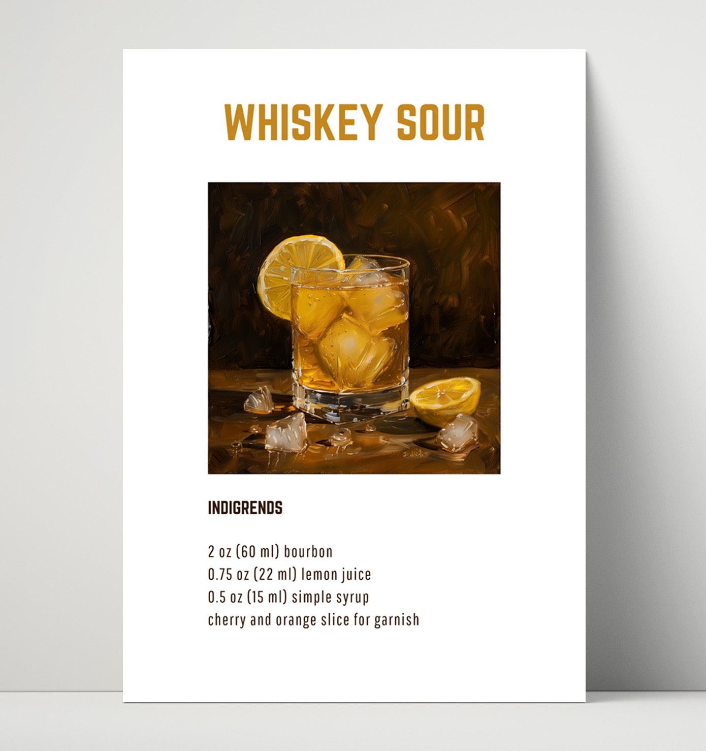 Whiskey Sour 16x20 Unframed Print cocktail recipe wall art print – Cocktail Recipies decor