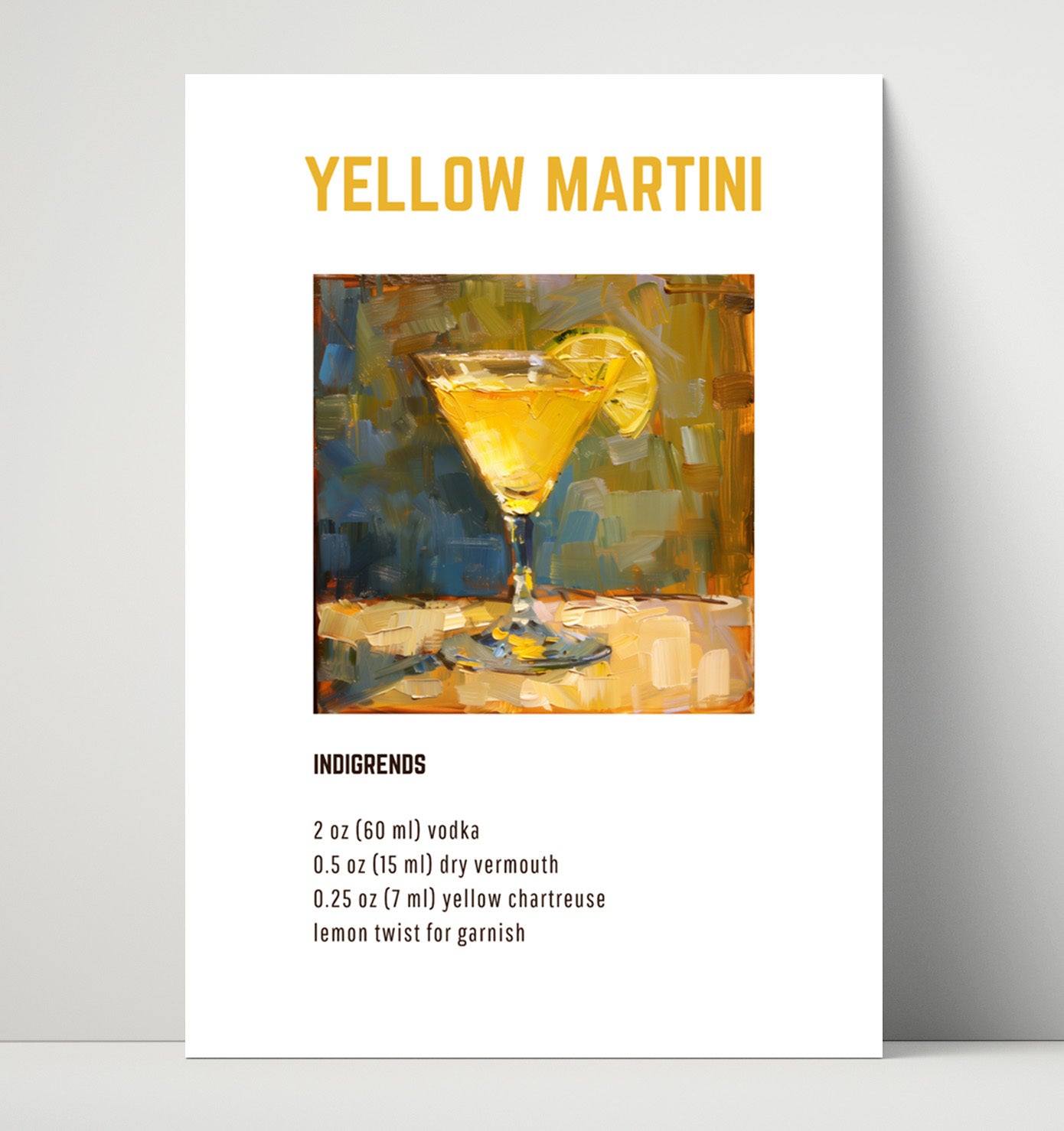 Yellow Martini 16x20 Unframed Print cocktail recipe wall art print – Cocktail Recipies decor