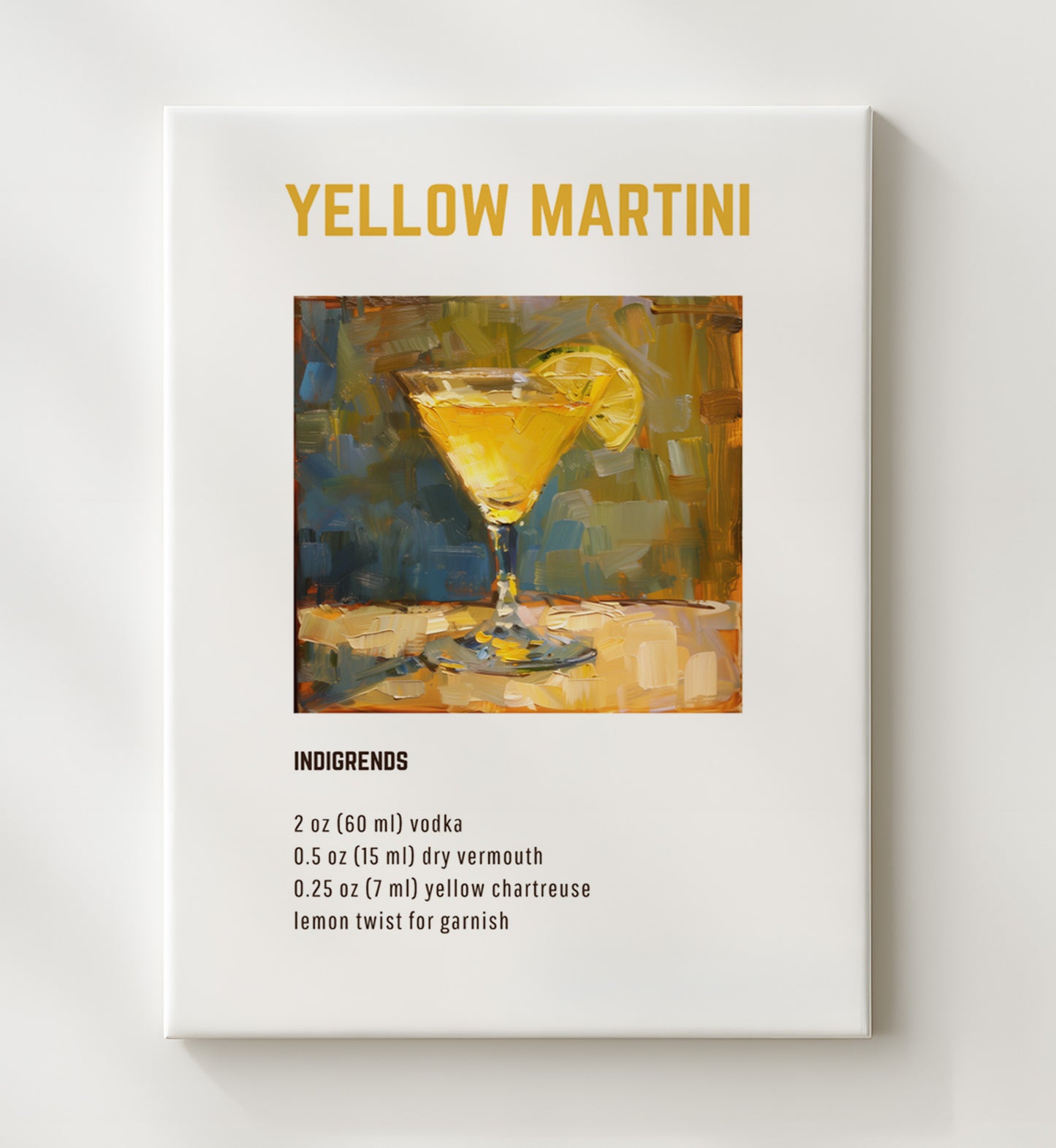 Yellow Martini 20x24 Canvas cocktail recipe wall art print – Cocktail Recipies decor