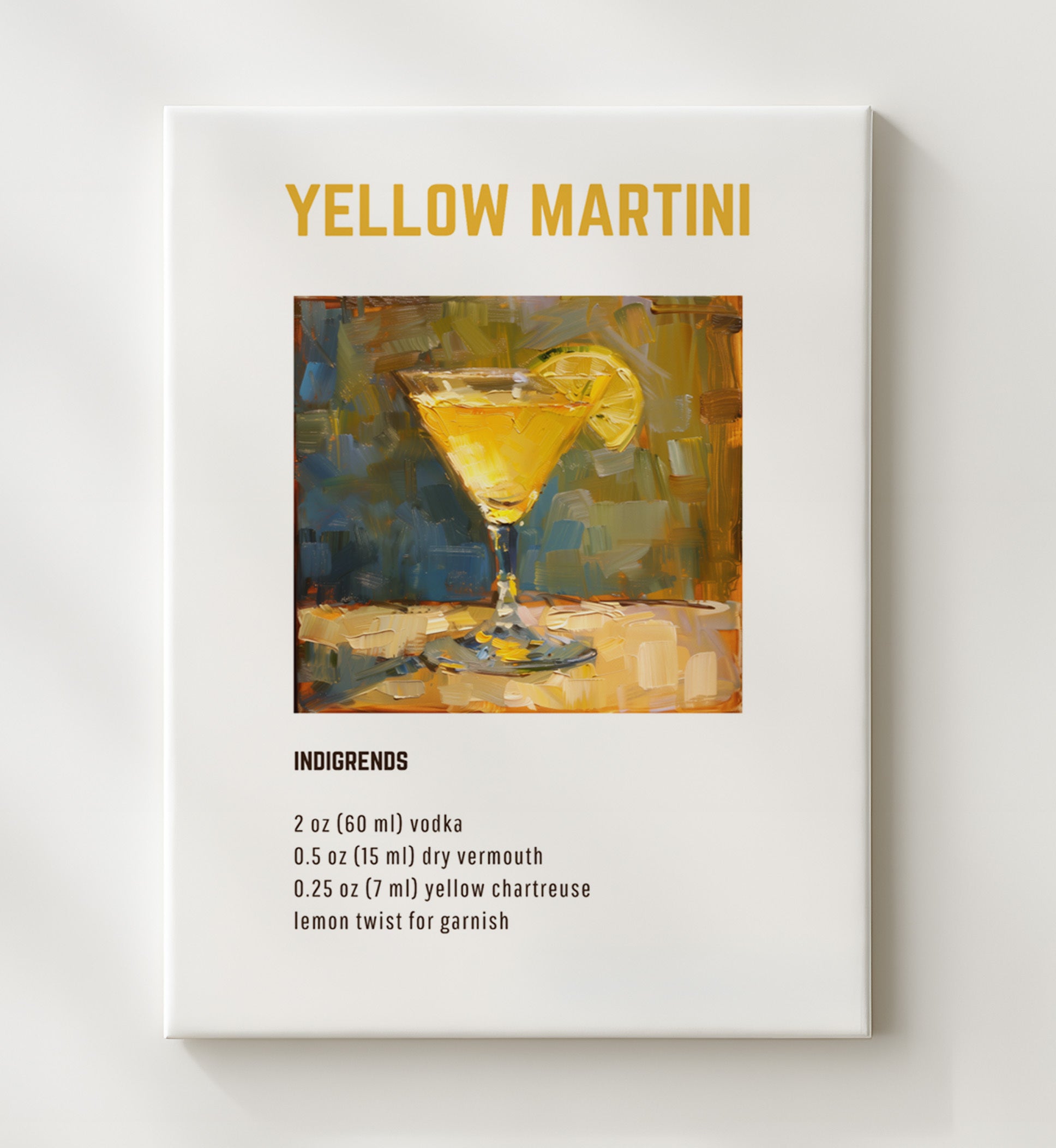Yellow Martini 20x24 Canvas cocktail recipe wall art print – Cocktail Recipies decor