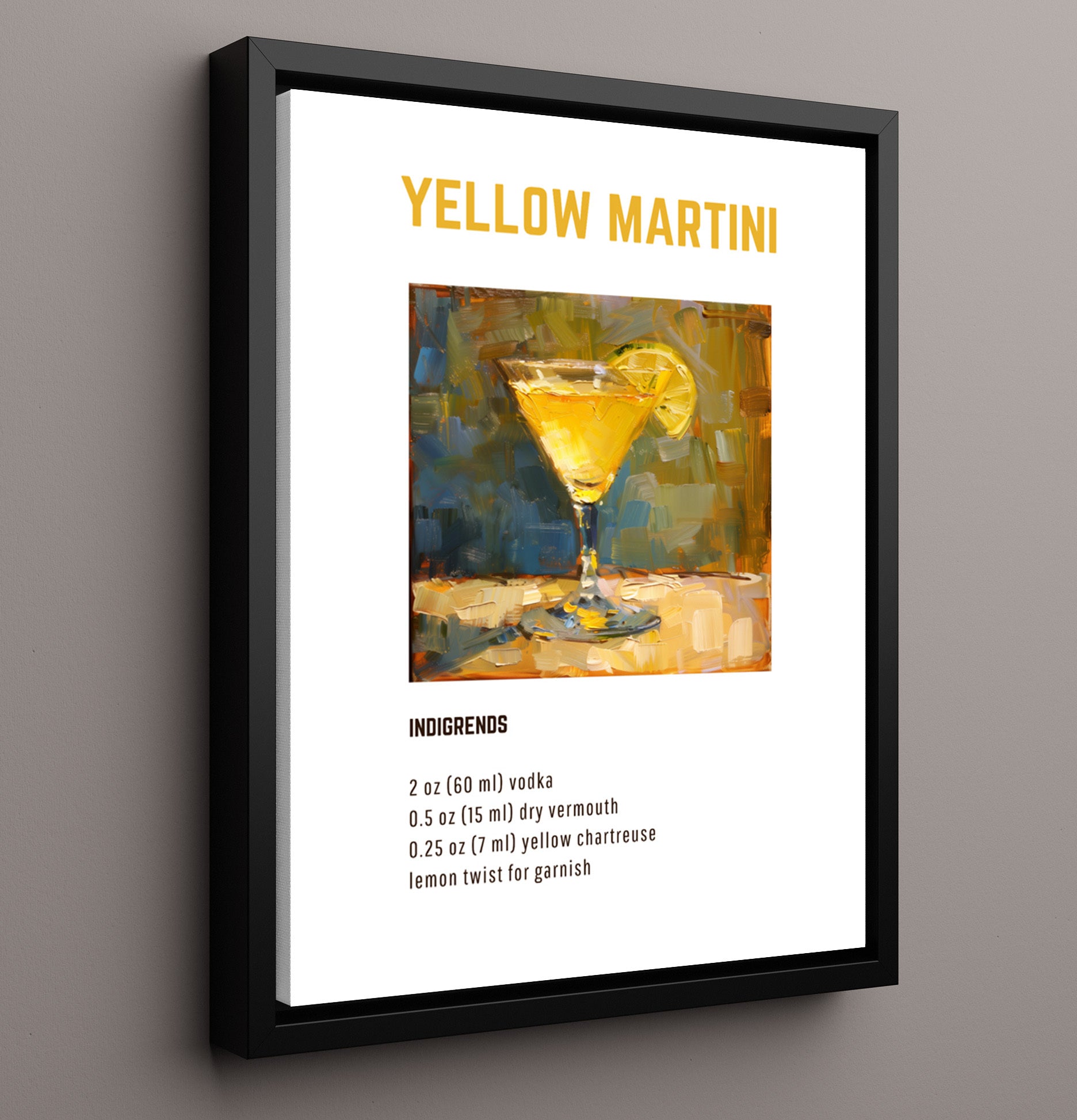 Yellow Martini 16x20 Framed Canvas cocktail recipe wall art print – Cocktail Recipies decor