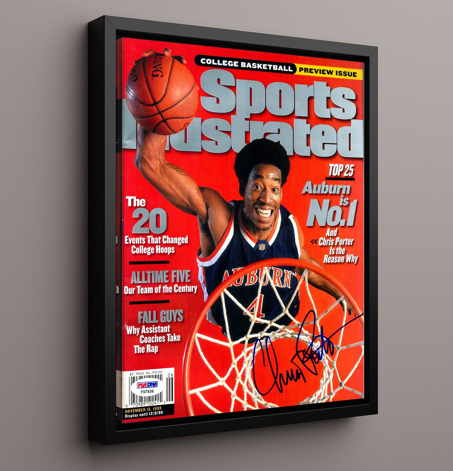 Auburn Chris Porter Rim Rocker SI Cover 1999 College Basketball Wall Art 16x20 Framed Canvas college basketball wall art print