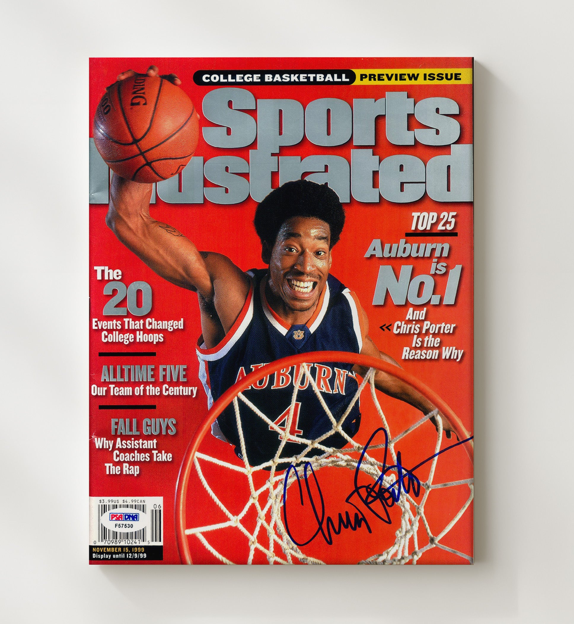 Auburn Chris Porter Rim Rocker SI Cover 1999 College Basketball Wall Art 20x24 Canvas college basketball wall art print