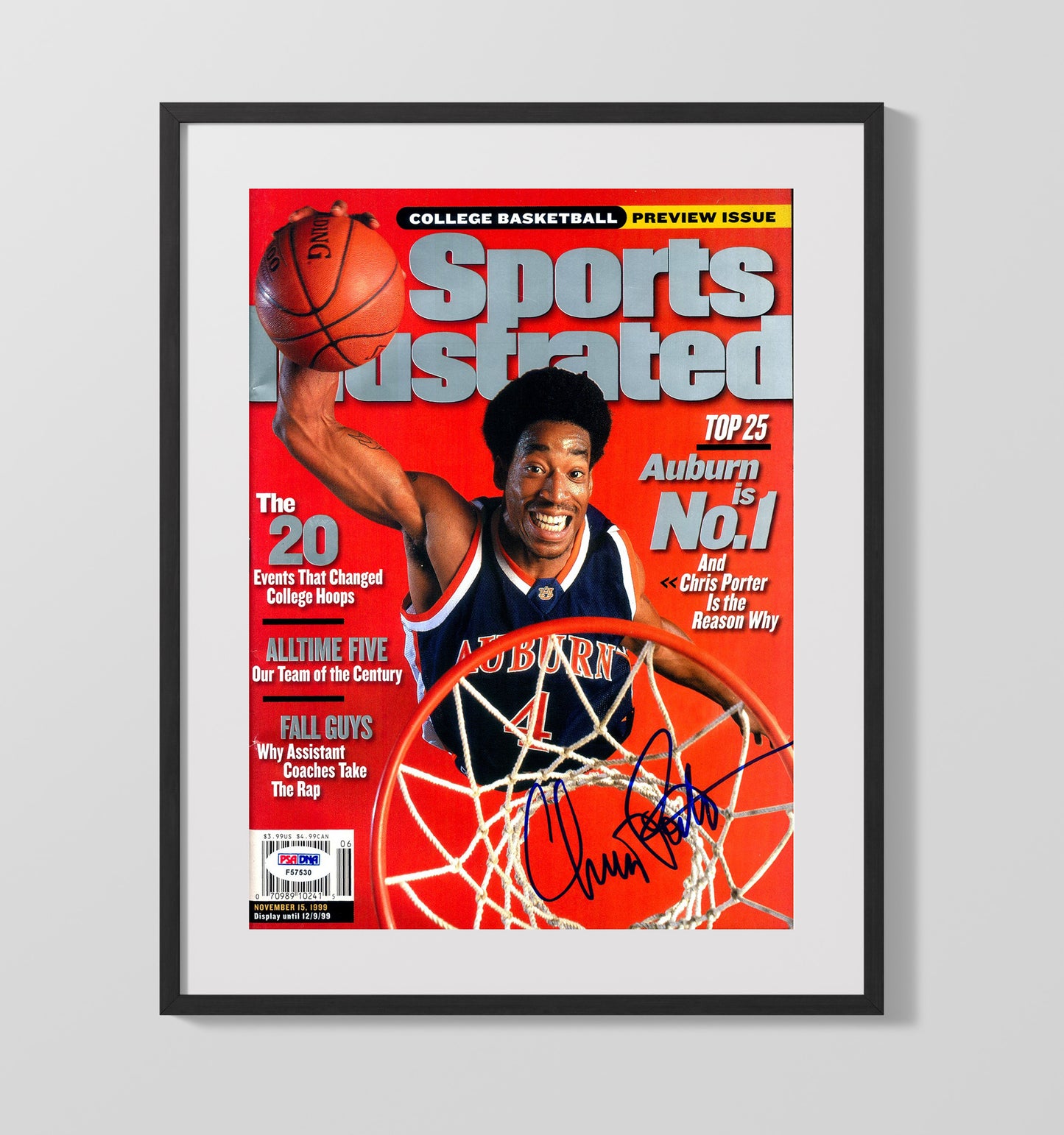 Auburn Chris Porter Rim Rocker SI Cover 1999 College Basketball Wall Art 16x20 Gallery Frame college basketball wall art print