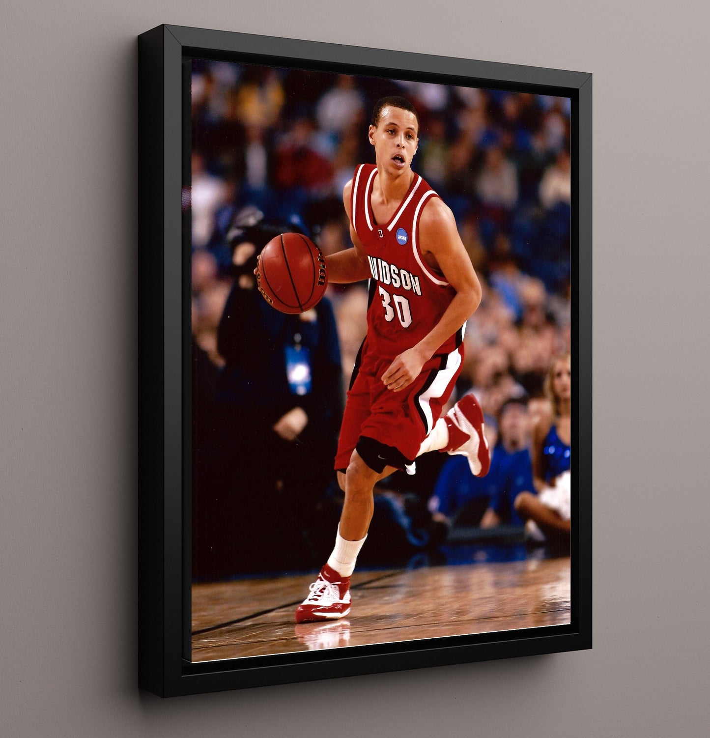 Davidson Basketball Stephen Curry Breakaway Drive College Basketball Wall Art 16x20 Framed Canvas college basketball wall art print