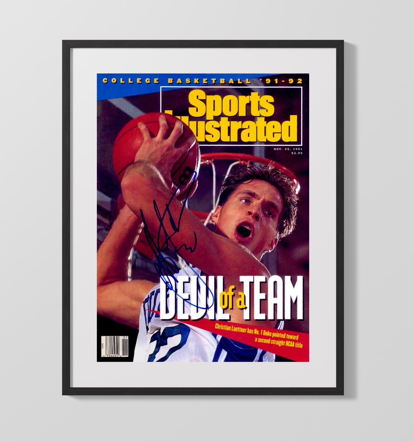 Duke Basketball Christian Laettner Devil of a Team Finish SI Cover College Basketball Wall Art 16x20 Gallery Frame college basketball wall art print