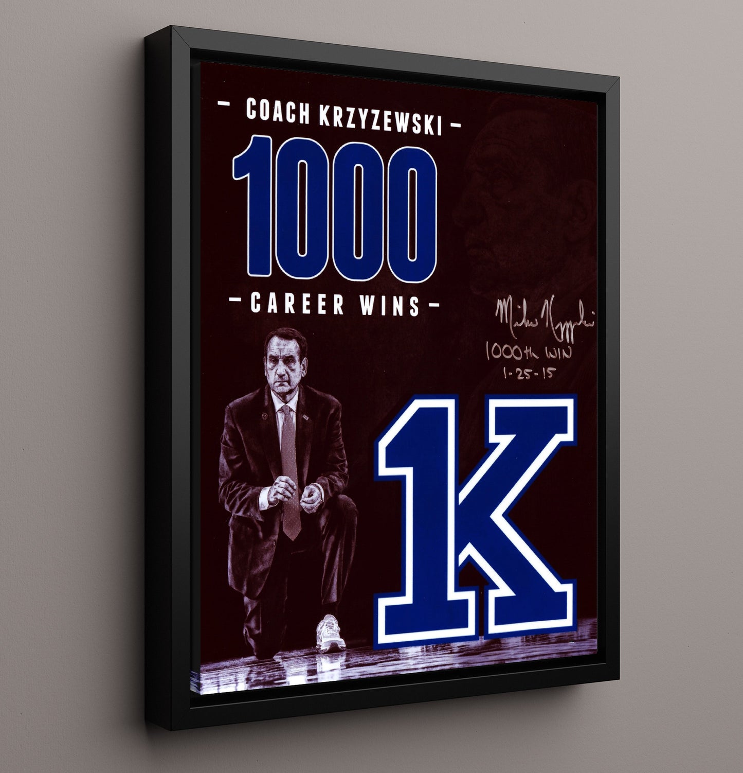 Duke Basketball Coach K 1000 Wins Courtside Focus College Basketball Wall Art 16x20 Framed Canvas college basketball wall art print