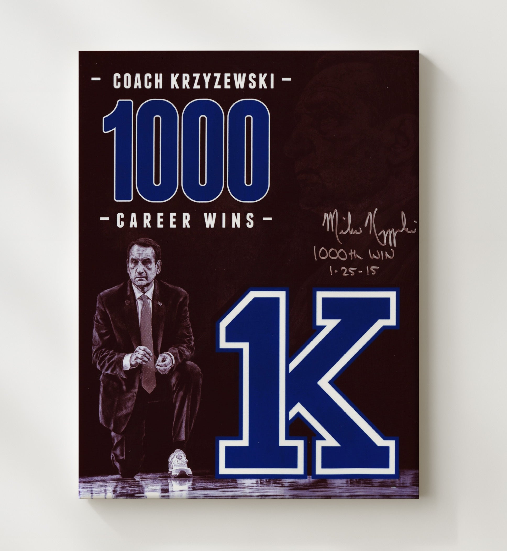 Duke Basketball Coach K 1000 Wins Courtside Focus College Basketball Wall Art 20x24 Canvas college basketball wall art print