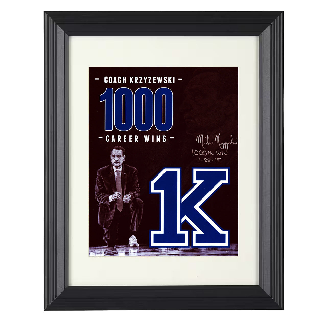 Duke – Coach K 1000 Wins Courtside Focus – 8x10 black beveled framed college basketball wall art