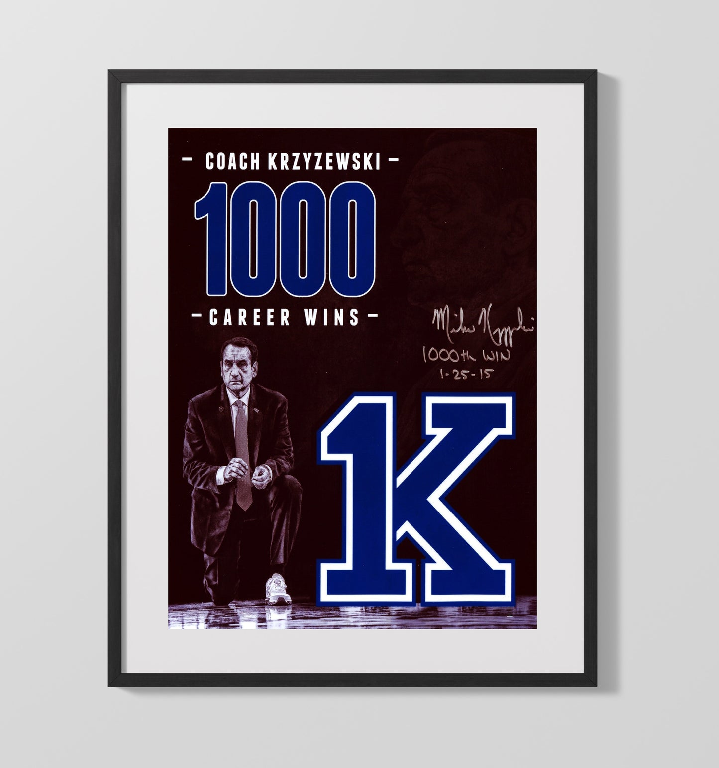 Duke Basketball Coach K 1000 Wins Courtside Focus College Basketball Wall Art 16x20 Gallery Frame college basketball wall art print