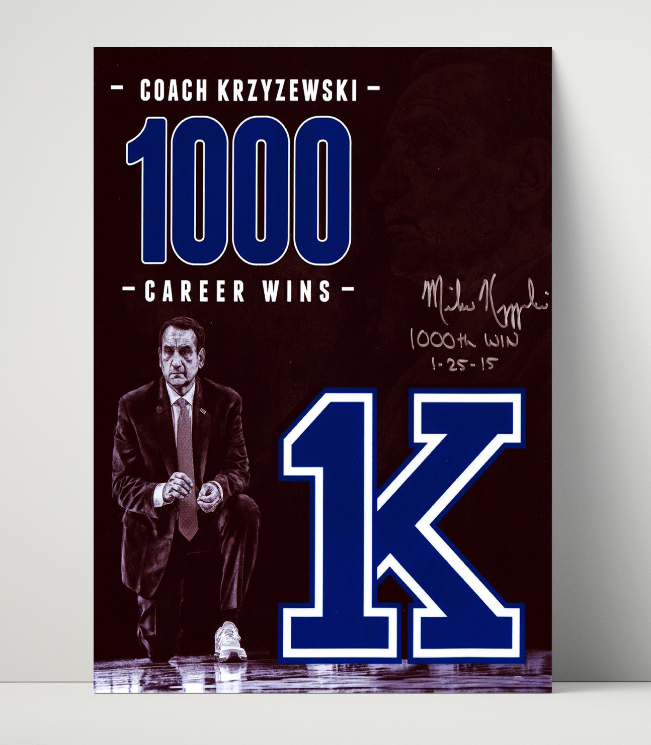 Duke Basketball Coach K 1000 Wins Courtside Focus College Basketball Wall Art 16x20 Unframed Print college basketball wall art print