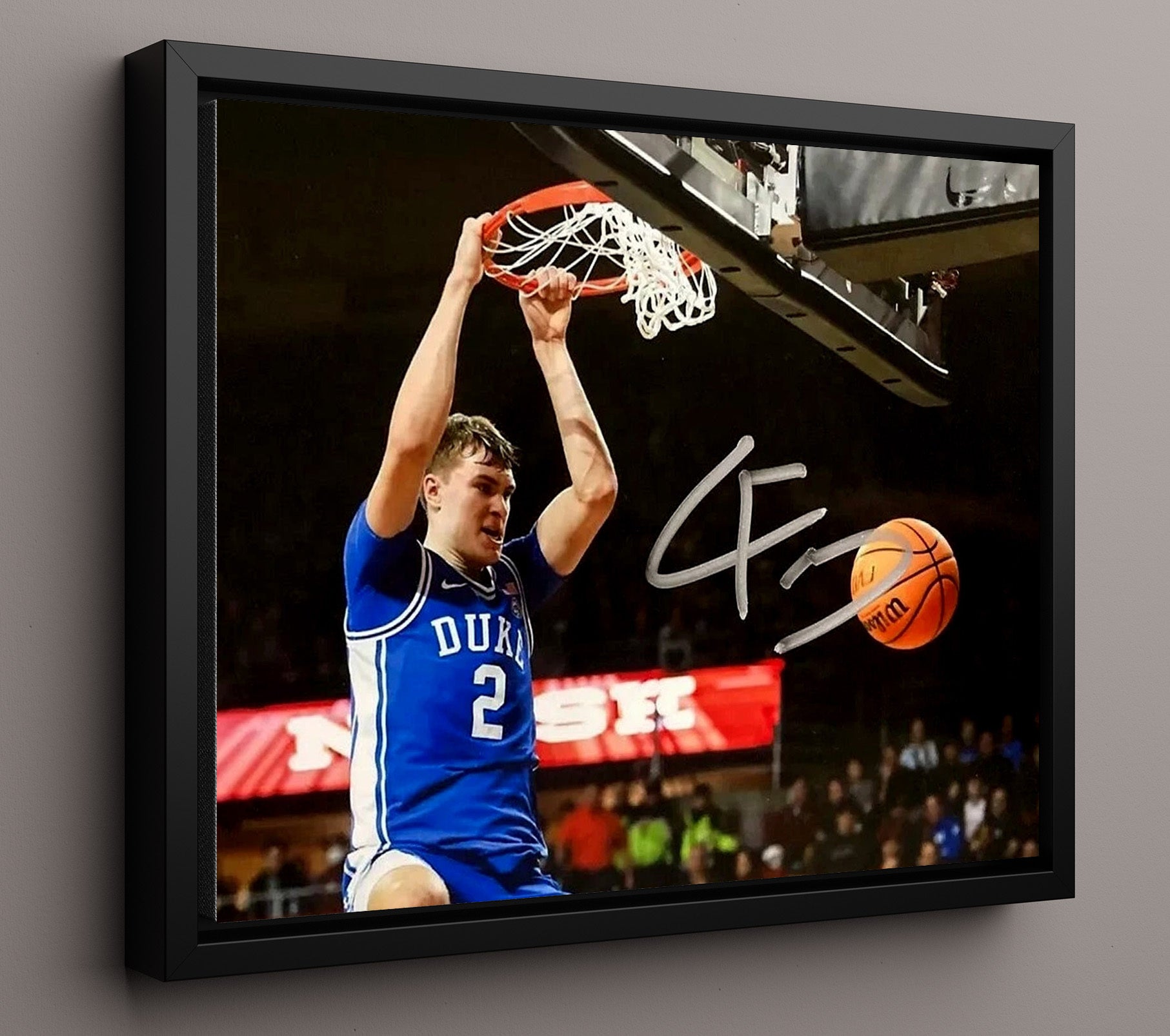 Duke Basketball Cooper Flagg Rim Hang Dunk College Basketball Wall Art 16x20 Framed Canvas college basketball wall art print