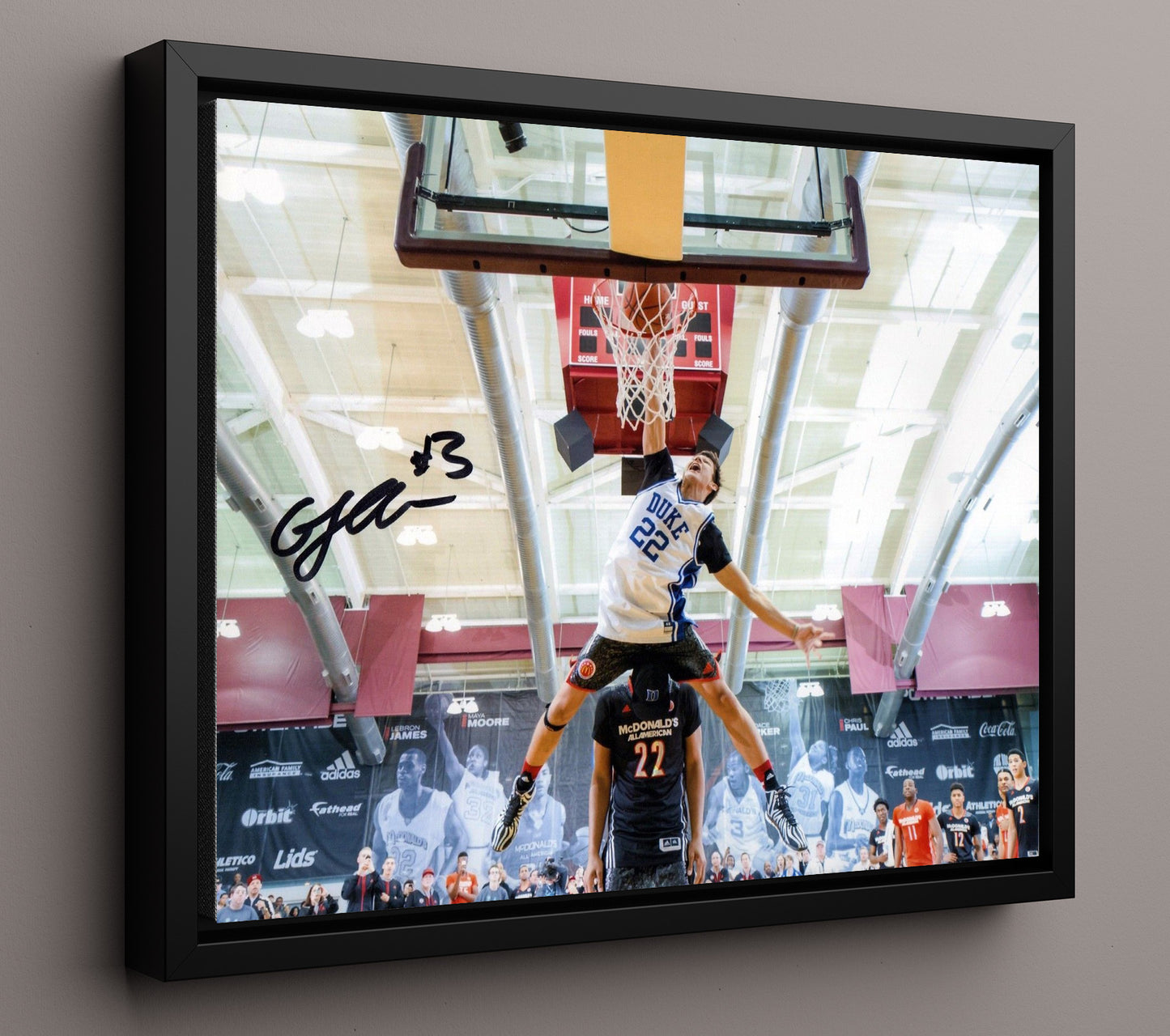 Duke Basketball Grayson Allen Mid Air Dunk College Basketball Wall Art 16x20 Framed Canvas college basketball wall art print