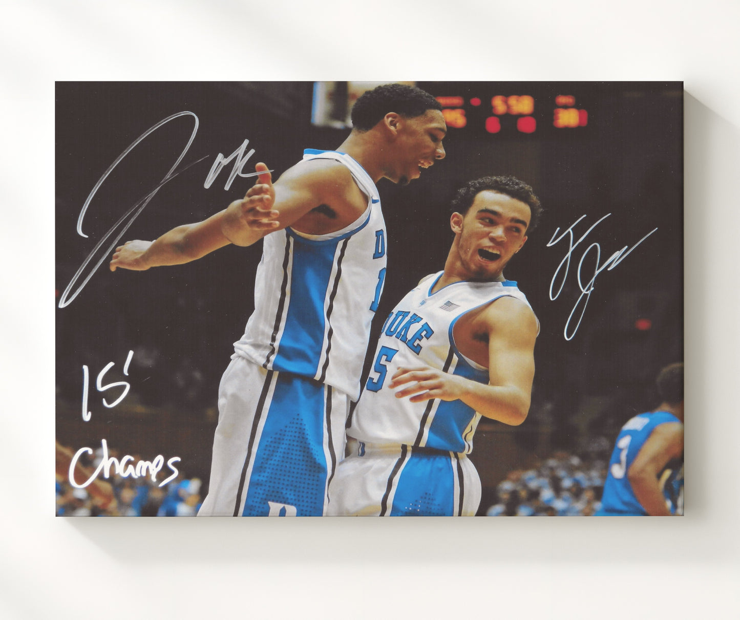 Duke Basketball Okafor and Tyus Jones 2015 Champions Celebration College Basketball Wall Art 20x24 Canvas college basketball wall art print