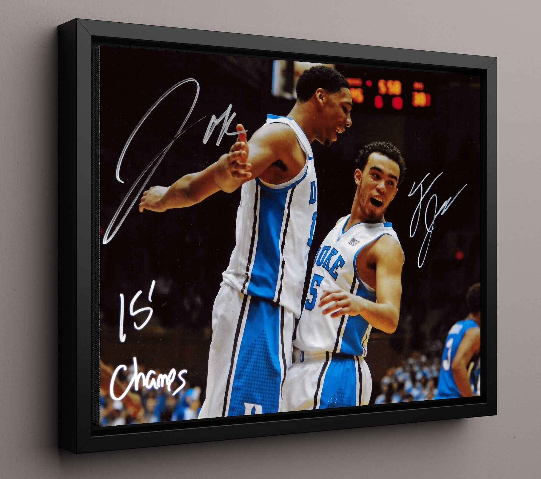 Duke Basketball Okafor and Tyus Jones 2015 Champions Celebration College Basketball Wall Art 16x20 Framed Canvas college basketball wall art print
