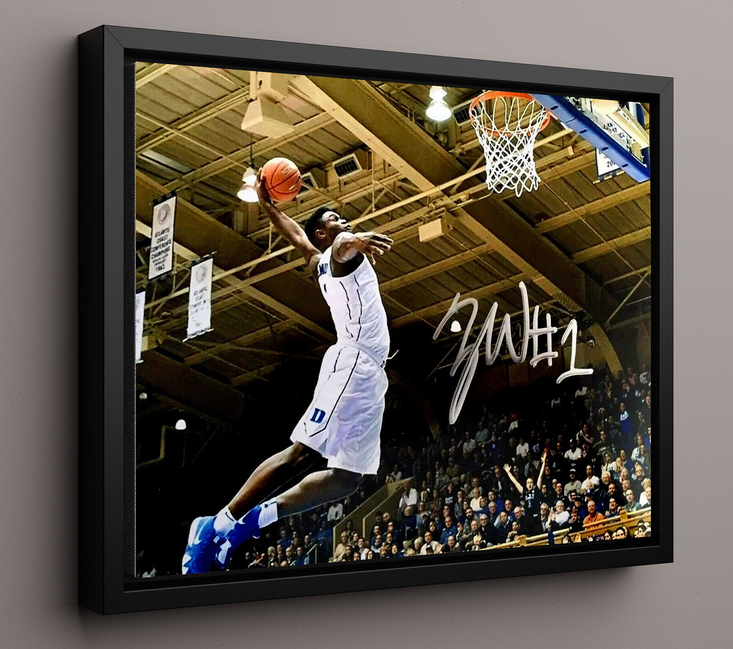 Duke Basketball Zion Williamson Explosive Dunk College Basketball Wall Art 16x20 Framed Canvas college basketball wall art print
