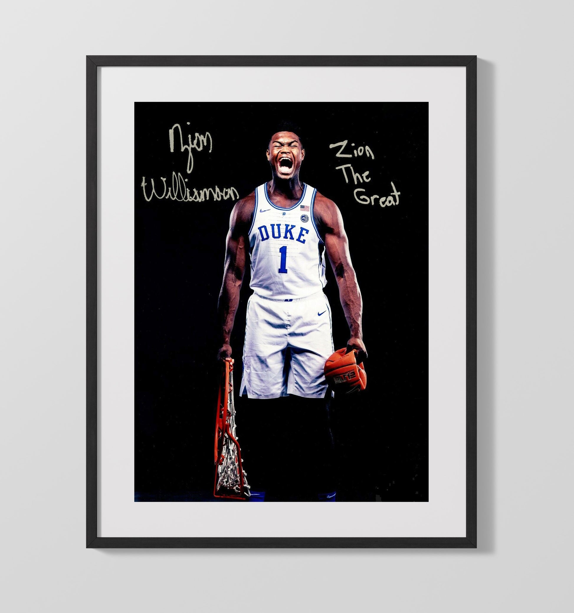 Duke Basketball Zion Williamson Explosive Rim Finish College Basketball Wall Art 16x20 Gallery Frame college basketball wall art print