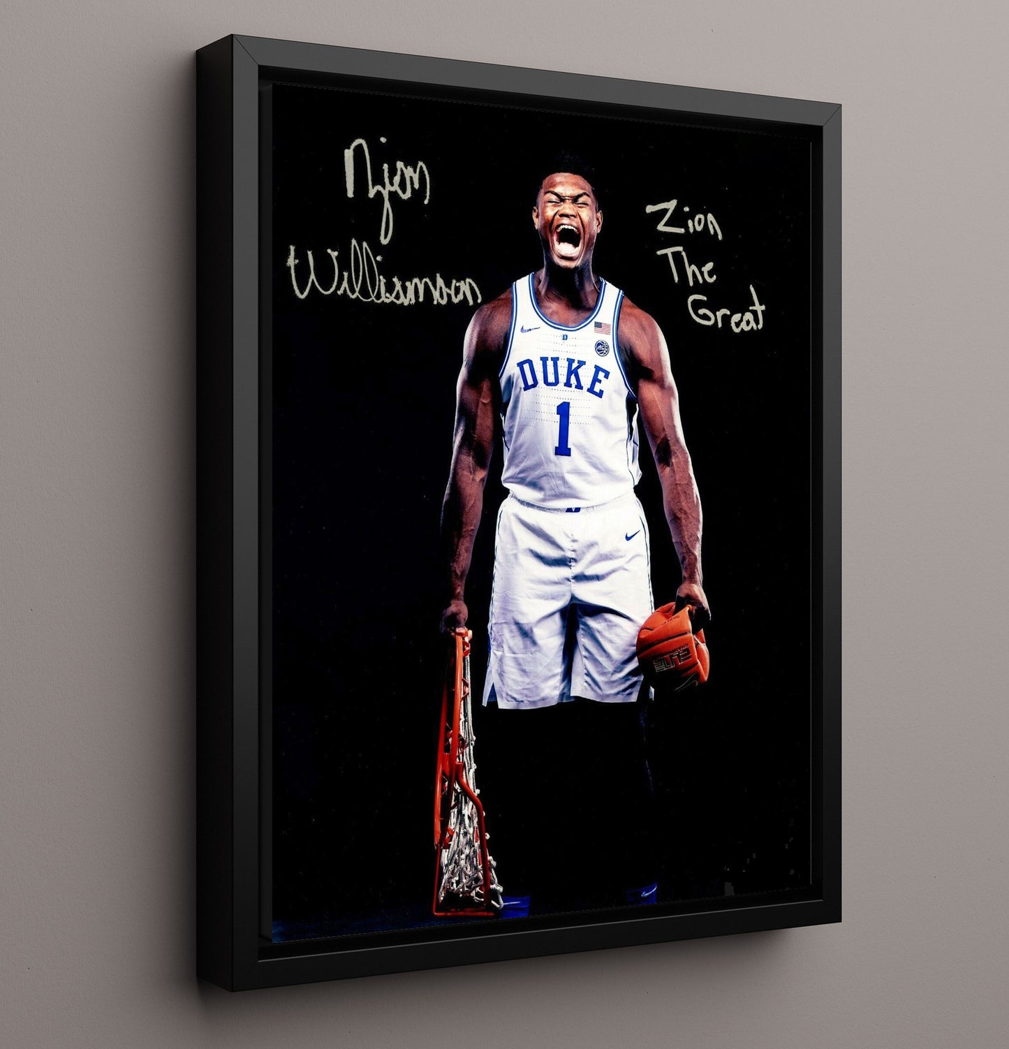 Duke Basketball Zion Williamson Explosive Rim Finish College Basketball Wall Art 16x20 Framed Canvas college basketball wall art print