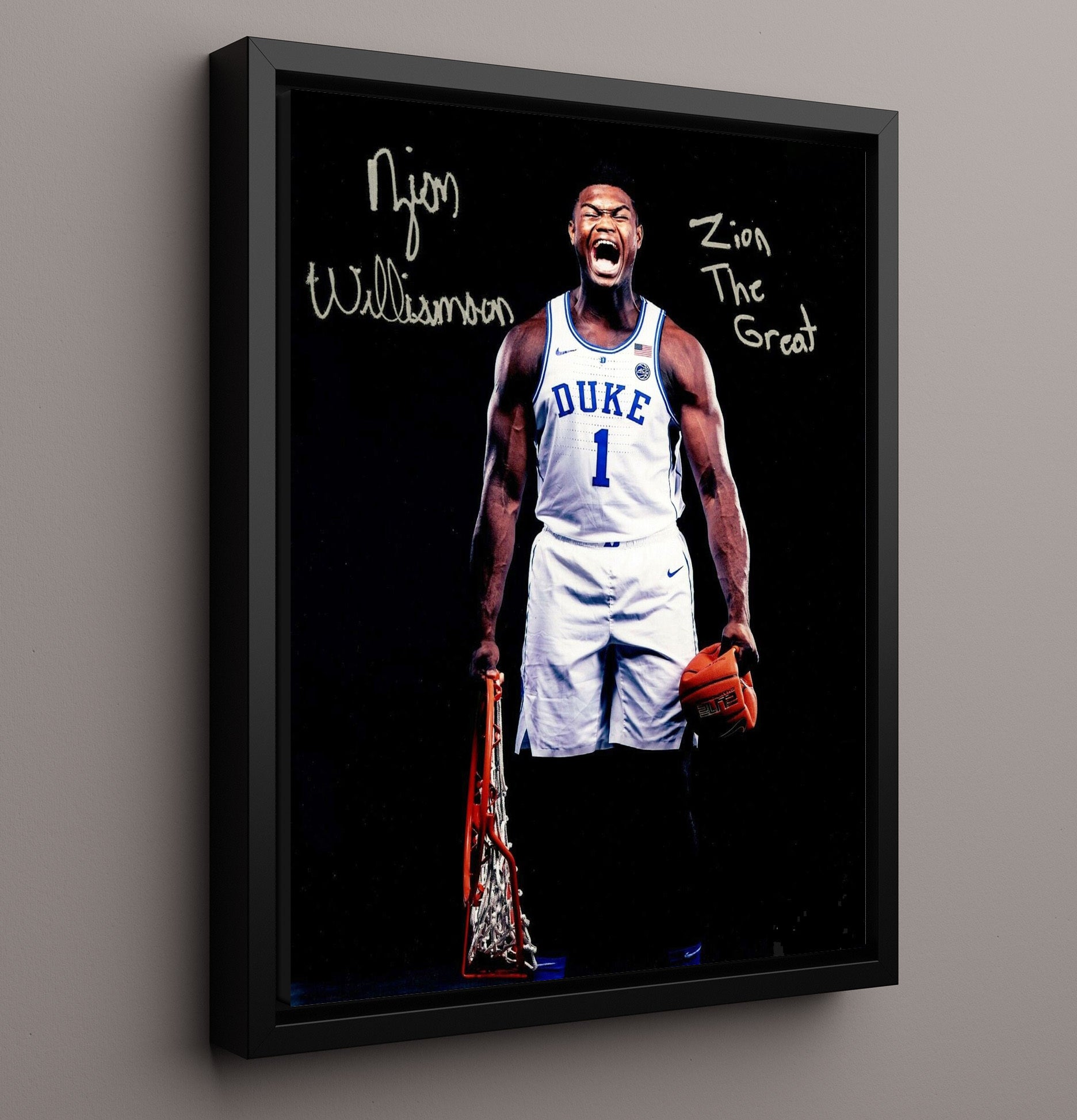 Duke Basketball Zion Williamson Explosive Rim Finish College Basketball Wall Art 16x20 Framed Canvas college basketball wall art print